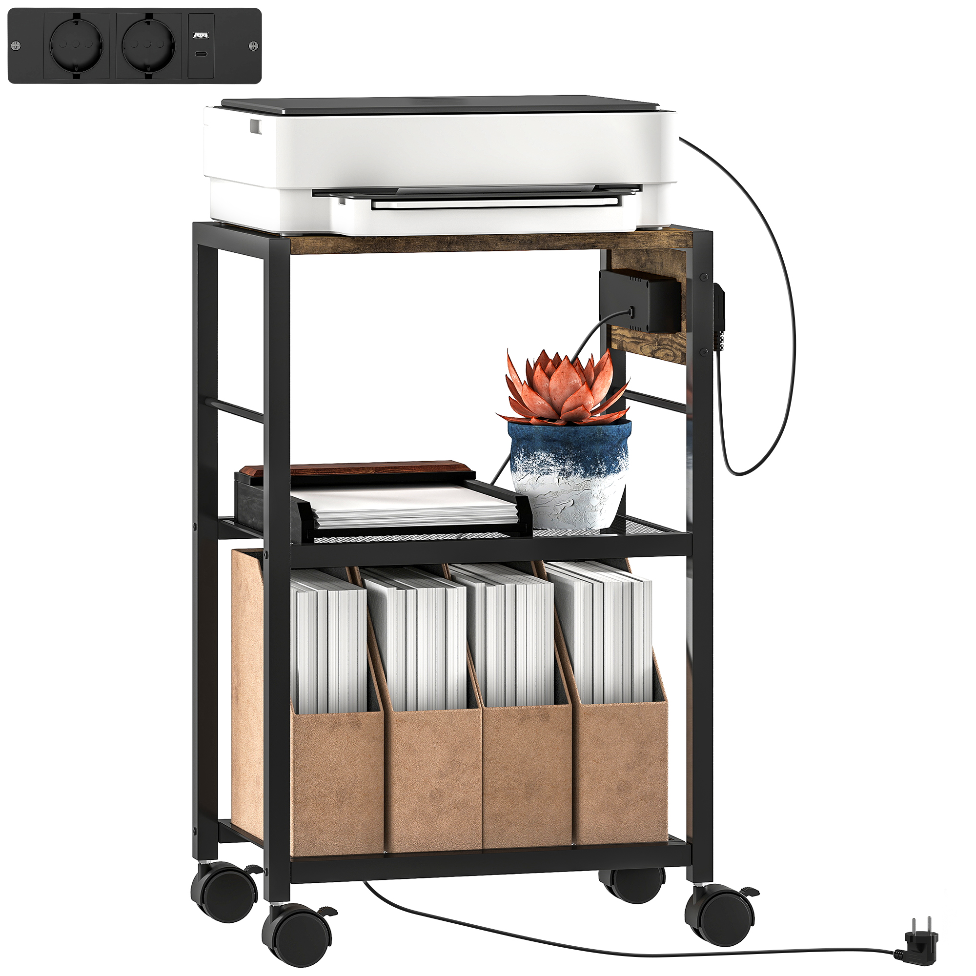 Druckerständer Druckeregal mit Rollen, Steckdosen, USB- und USB-C-Anschlüsse bis 40 kg Rustikalbraun Druckerständer Druckeregal mit Rollen, Steckdosen, USB- und USB-C-Anschlüsse bis 40 kg Rustikalbraun