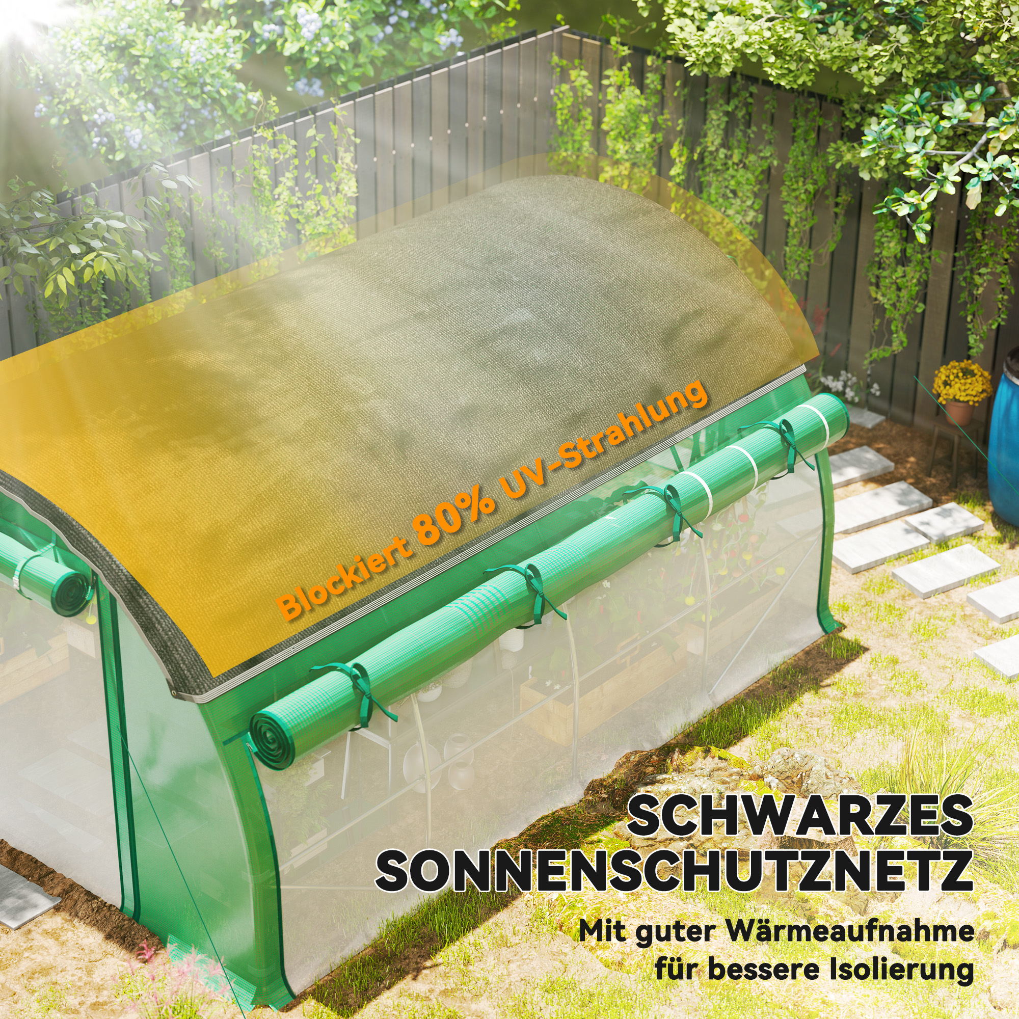 4 x 3 x 2 m Polytunnel-Gewächshaus mit Sonnenschutznetz, rollbaren Seitenwänden, Kunststoff-Abdeckung, Stahlrahmen, Grün