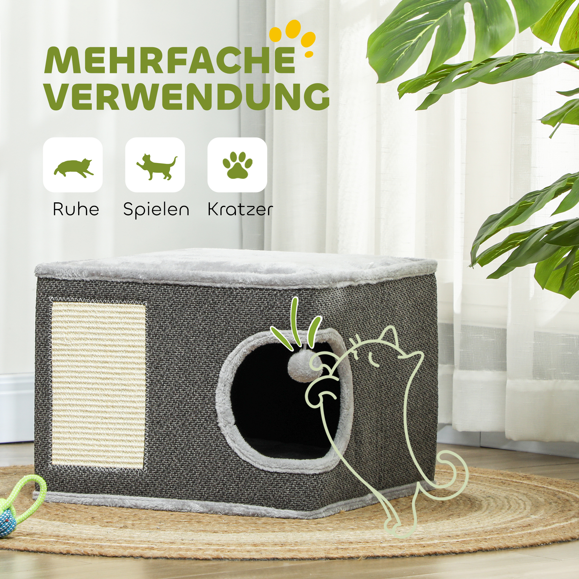 Katzenhaus mit 2 Kissen, Bett, Höhle, Kratzmatte, Spielball, kleiner Kratzbaum, Grau