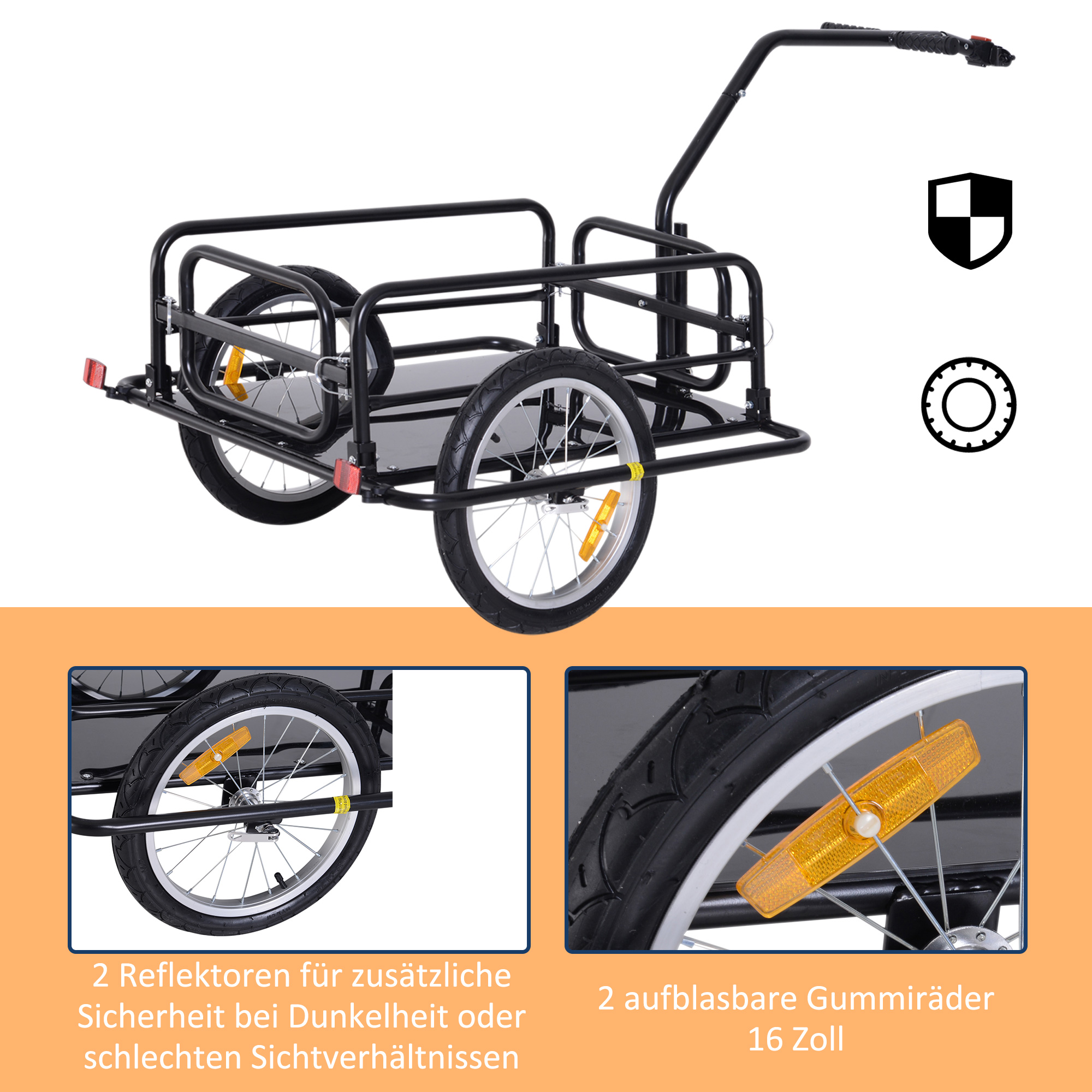 Fahrradanhänger Klappbar Lastenanhänger mit Kupplung, Kuppler & Reflektoren Transportwagen bis 40 kg belastbar, Transportanhänger Anhänger für Camping, Einkaufen, Umzug 155 x 71,5 x 77 cm