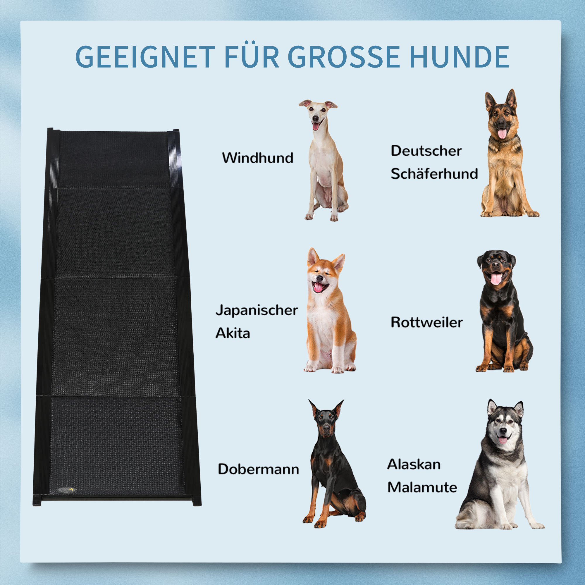 Haustierrampe, klappbar, rutschfest, Hunde bis 40 kg, 158 cm x 43.5 cm x 2.5 cm, Schwarz