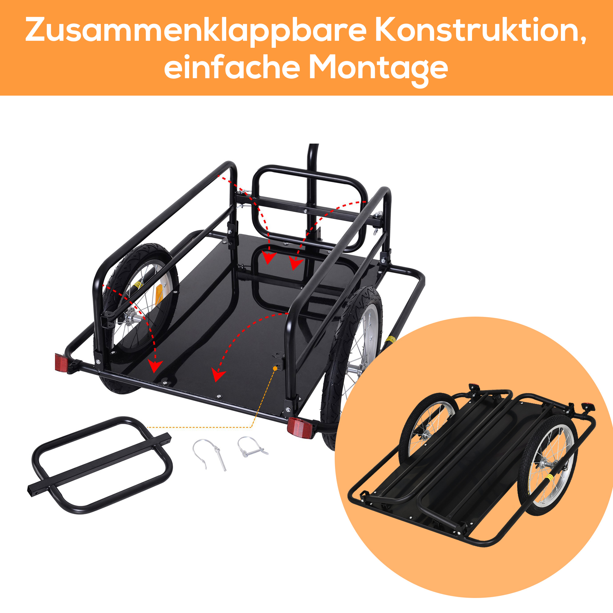 Fahrradanhängerm klappbar Lastenanhänger mit Kupplung, Kuppler & Reflektoren Transportwagen bis 40 kg belastbar, Transportanhänger Anhänger für Camping, Einkaufen, Umzug 155 x 71,5 x 77 cm