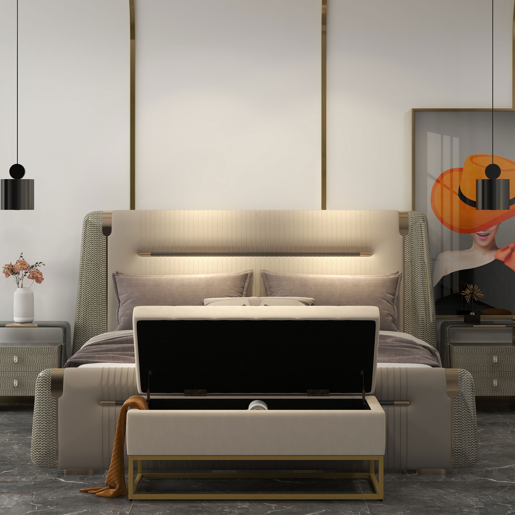 Sitzbank mit Stauraum, dekorative Knopfheftung, Flanelloptik, goldfarbene Stahlbeine, 110 x 47 x 46,5 cm