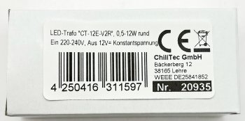 LED-Trafo "CT-12E-V2R", 0,5-12W rund, Ein 220-240V, Aus 12V= Konstantspannung