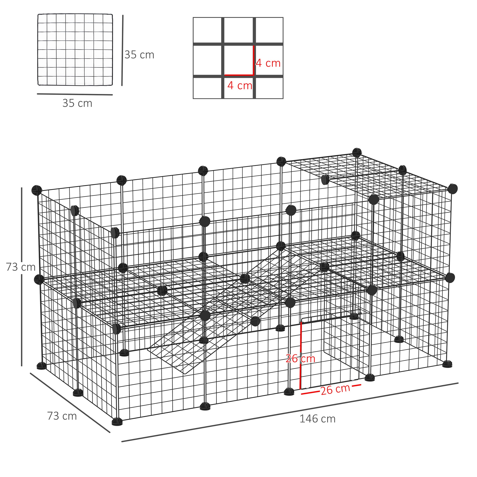 Freigehege Laufgitter DIY Welpenlaufstall Gittergehege für Kleintier aus Metallgitter Absperrgitter Kleine Haustiere Laufstall für Innen 36 Platten Schwarz 146 x 73 x 73 cm