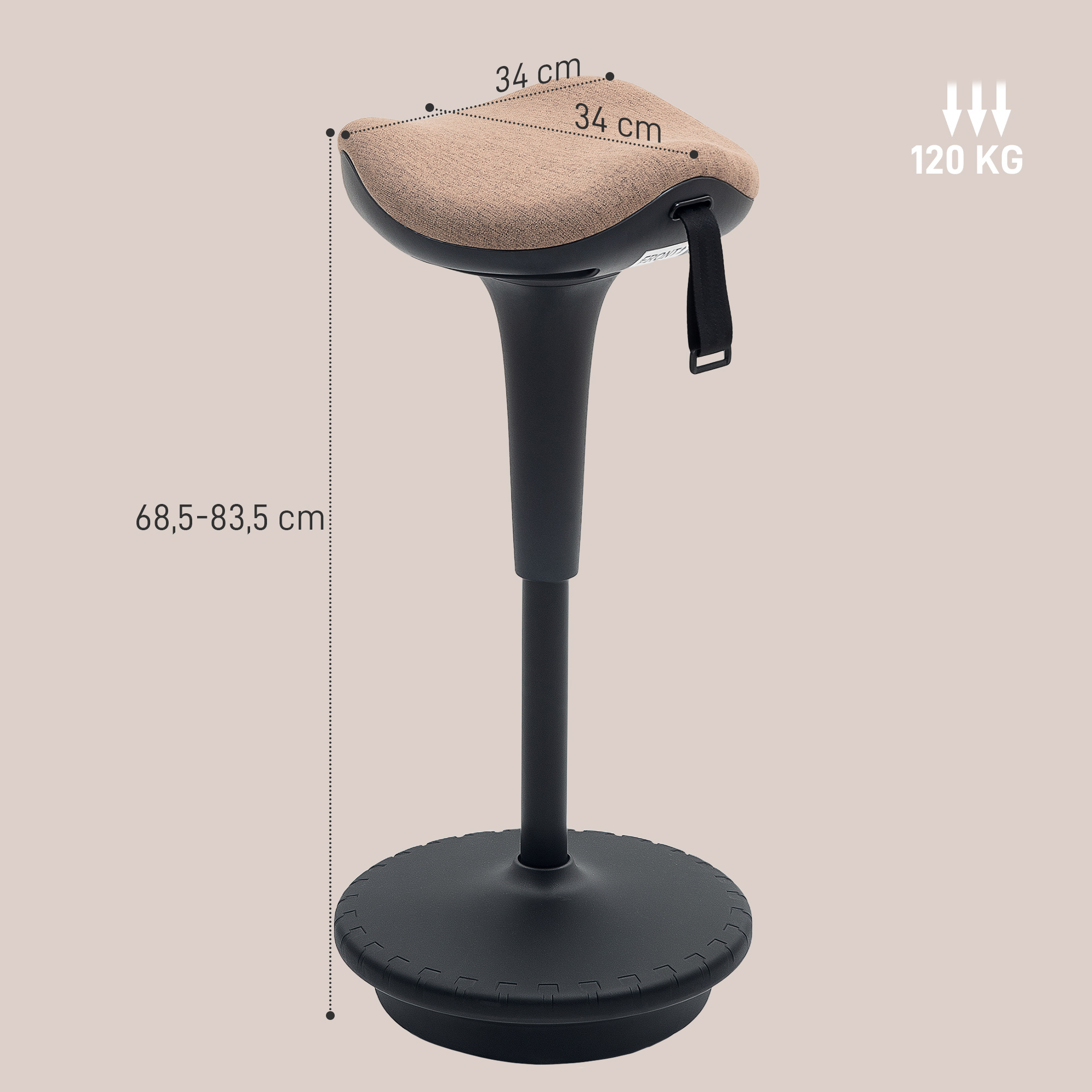Balancehocker, beweglicher Sitz, drehbarer Bürohocker, höhenverstellbar, ergonomisch, 34 x 34 x 68,5-83,5 cm, Braun