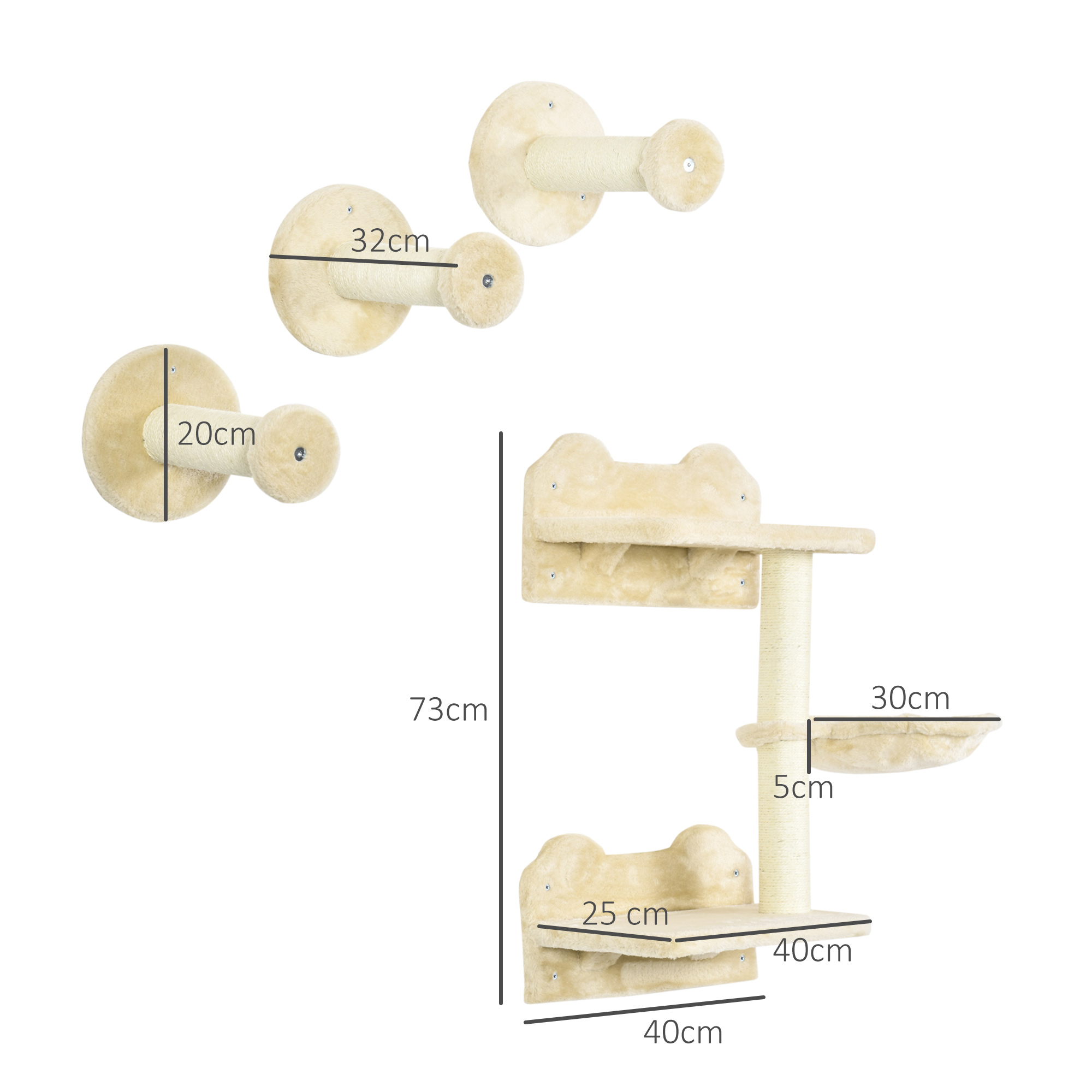 Kletterstufen, Kletterwand, Katzentreppe, 4-tlg, Set, mit Kratzbaum, Hängematte, beige+cremeweiß, 40 x 28 x 73cm