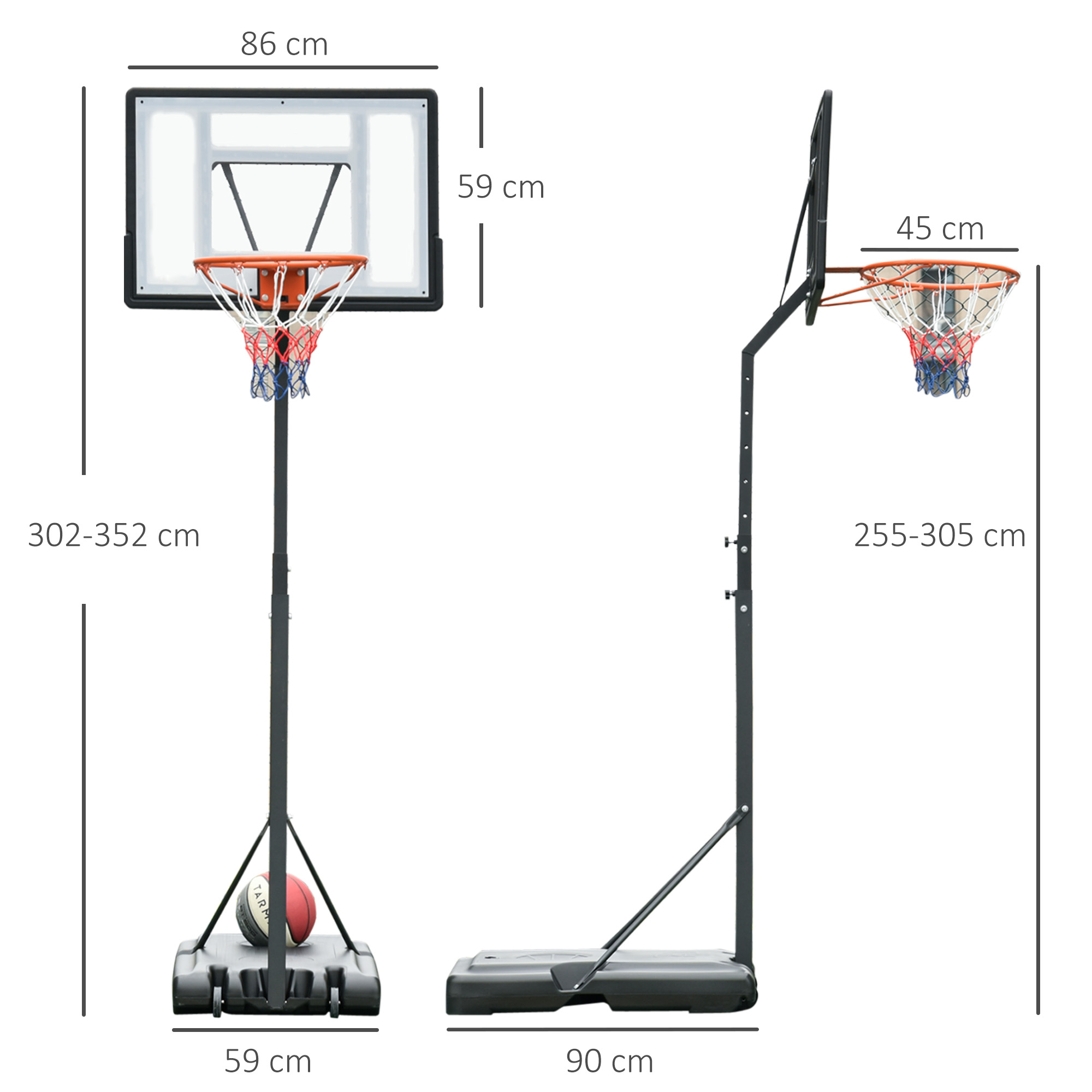Basketballkorb Outdoor mit Ständer, 255-305cm Höhenverstellbar Basketballständer mit Rollen, Basketball-Backboard Ständer, Basketballanlage, Stahl