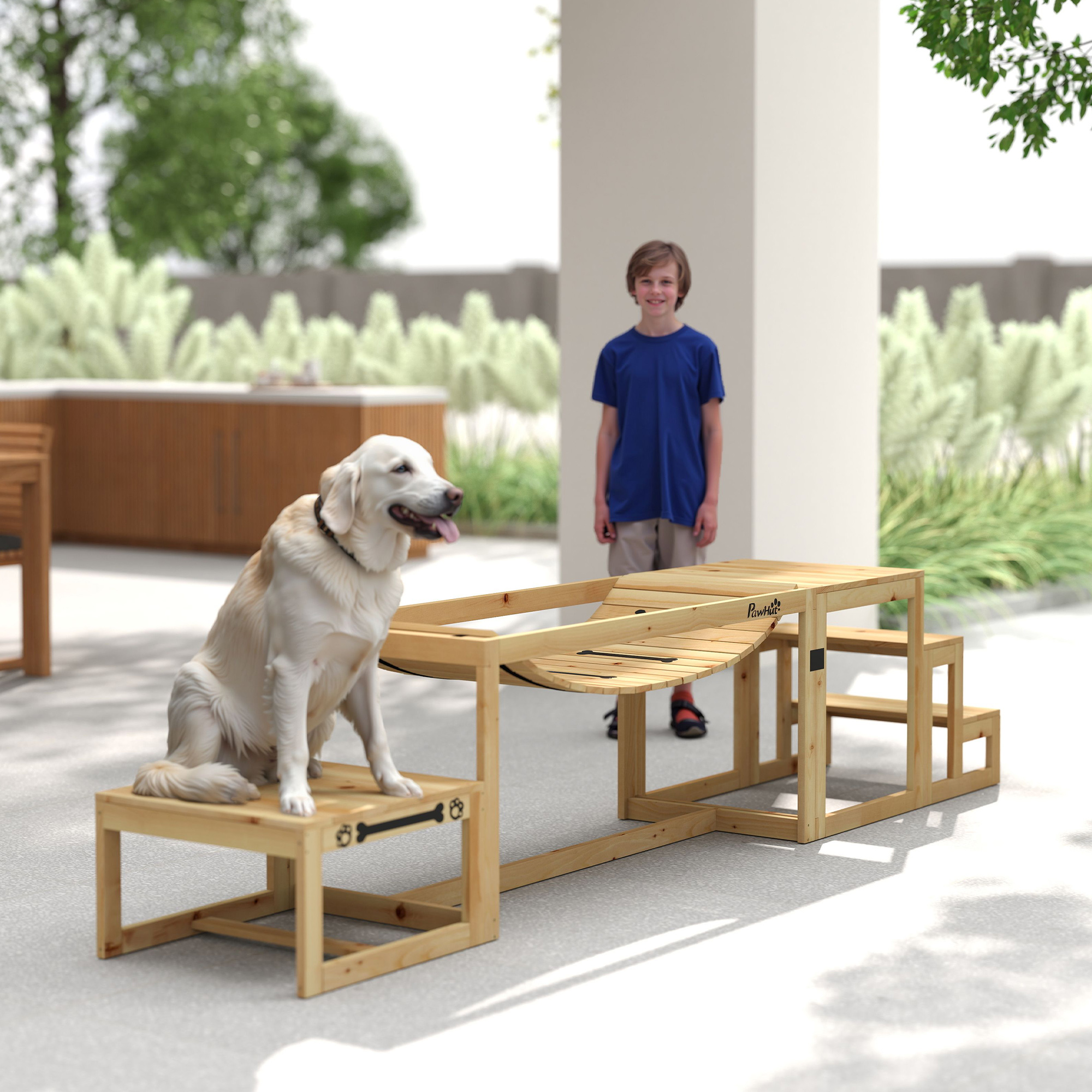 Agility-Set für Hunde, Hundetrainings-Konstruktion mit Brücke, Treppe, Plattform, Tannenholz, für große Hunde bis 40 kg