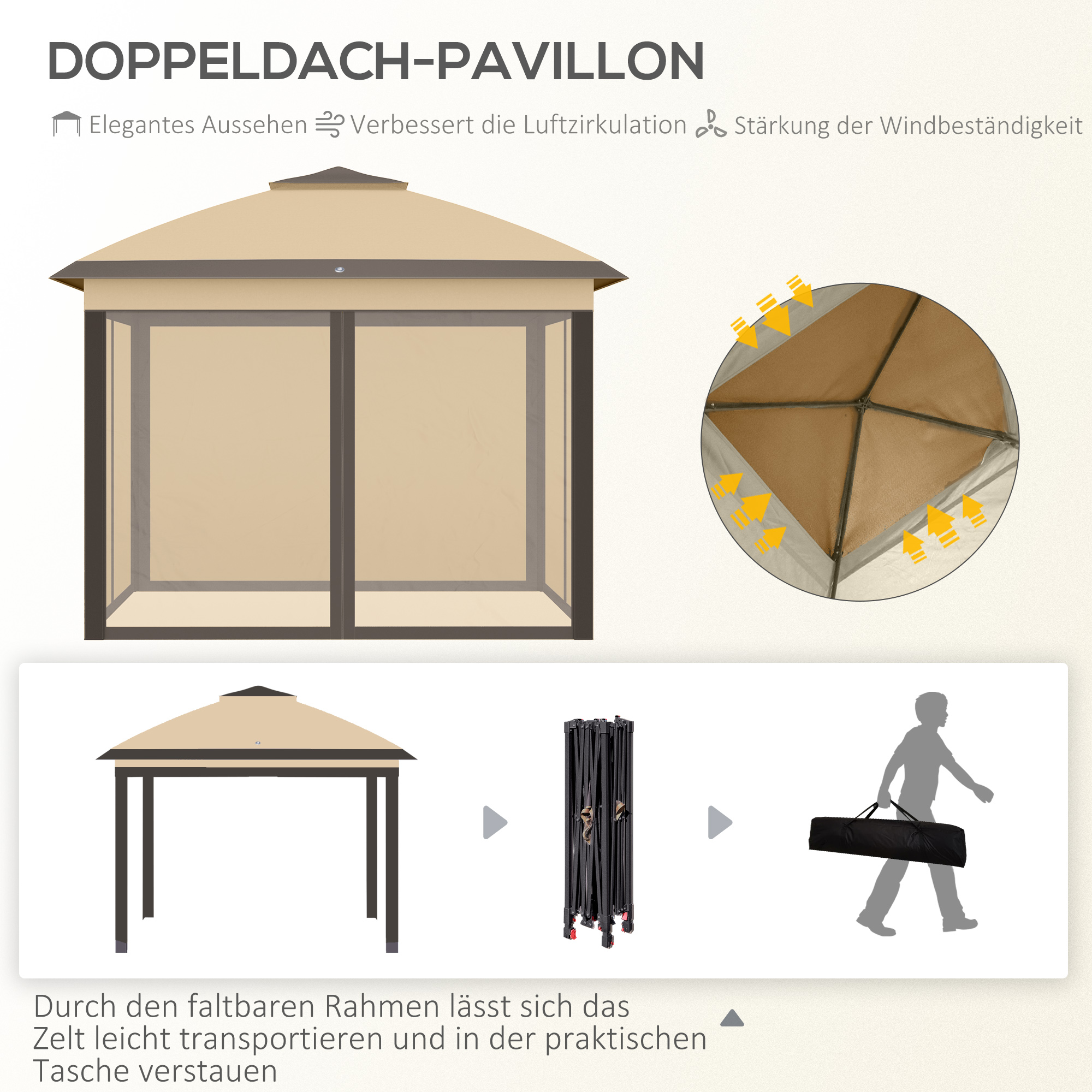 Faltpavillon, Gartenpavillon, Metall und Stoffplane, Netzvorhänge, Entwässerungslöcher, 330L x 330B x 288H cm, Beige