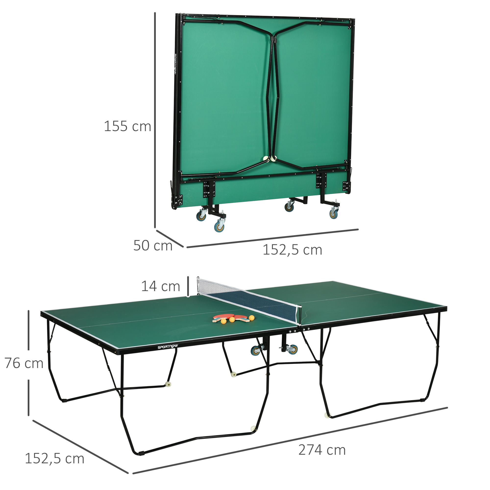 Tischtennisplatte Tischtennis-Set, klappbar, 8 Rollen, inkl, Schläger u, Bälle, 274 cm x 152,5 cm x 76 cm, Grün