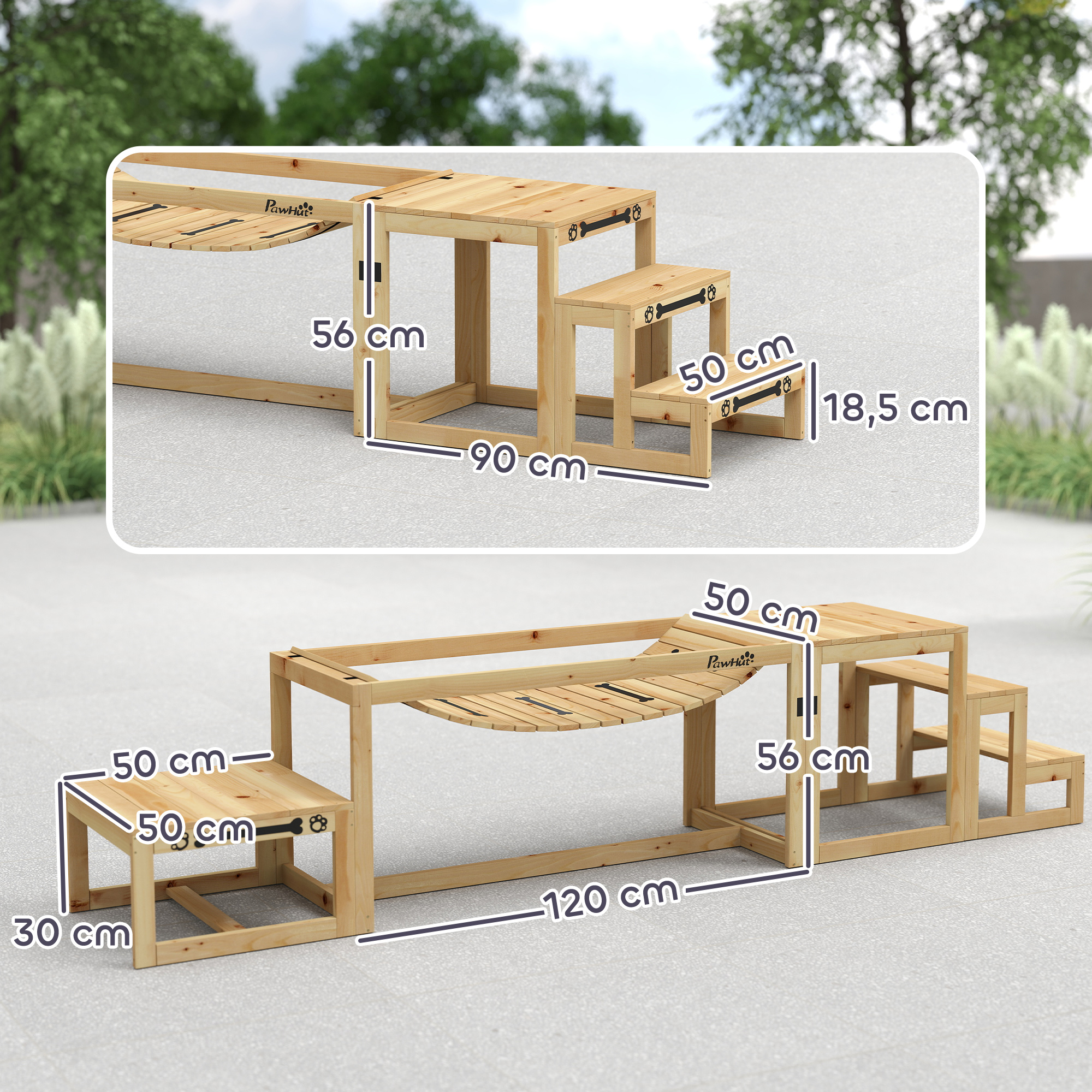 Agility-Set für Hunde, Hundetrainings-Konstruktion mit Brücke, Treppe, Plattform, Tannenholz, für große Hunde bis 40 kg