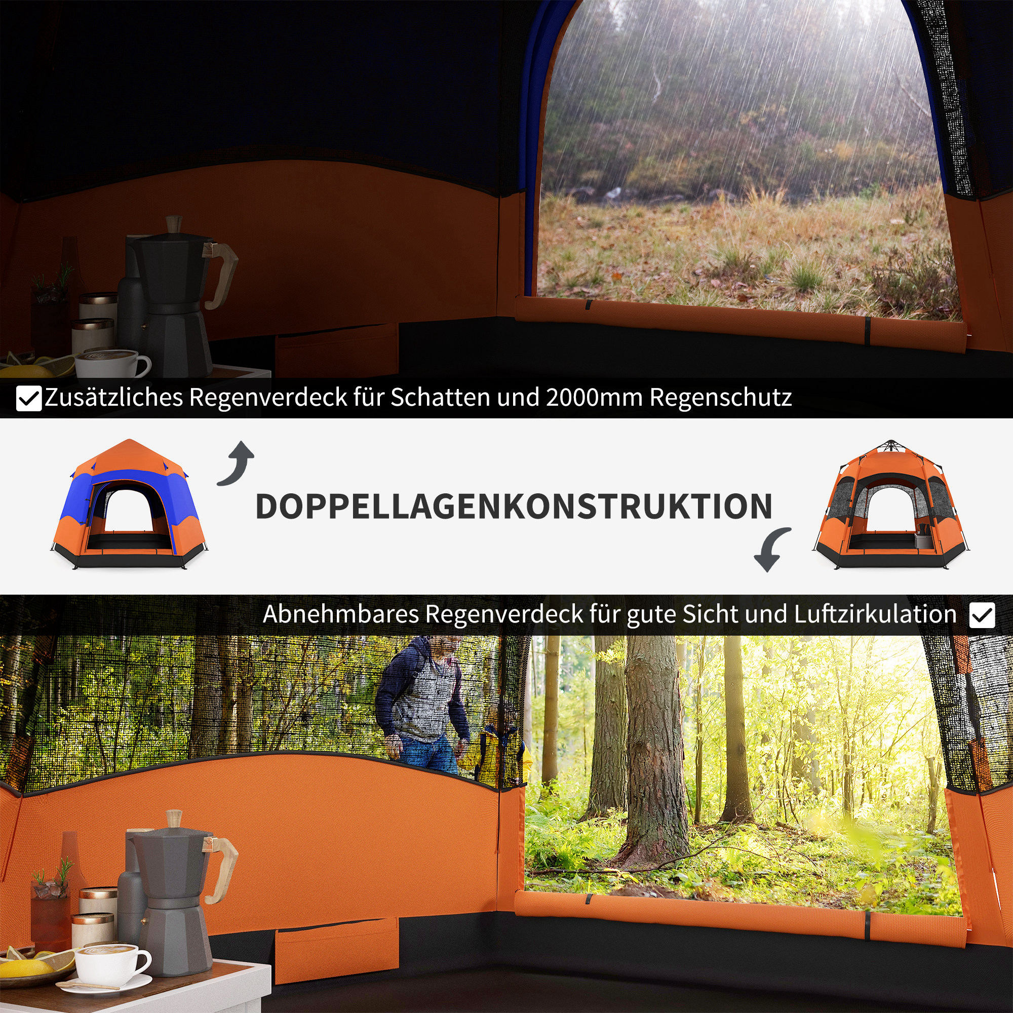 Doppellagiges Instant-Pop-Up-Zelt mit Regenschutz, Outdoor Familienzelt für 4 Personen wasserdicht sechseckig 4 Jahreszeiten Kuppelzelt mit Bodenplane 2 Türen Moskitonetz Tragetasche Orange