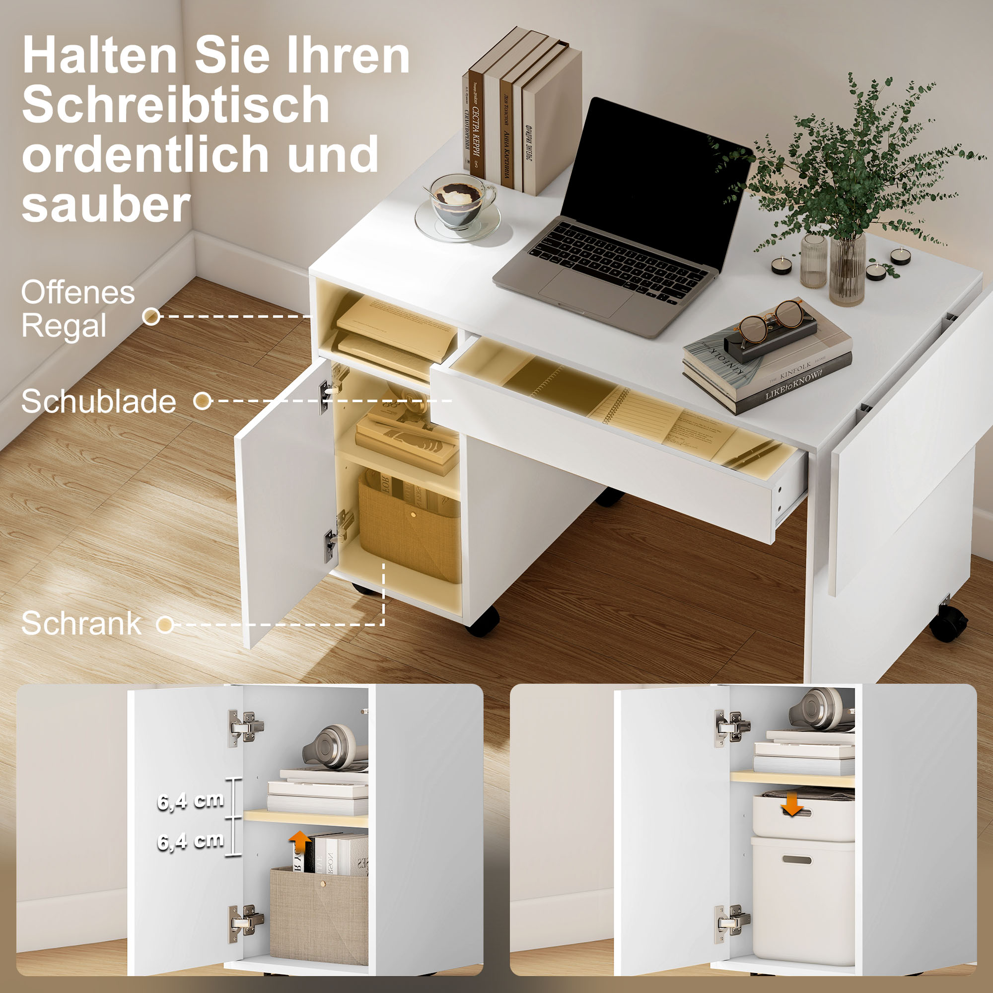 Rollbarer Computertisch, klappbarer Schreibtisch mit Schrank und Schublade, Spanplatte, Weiß