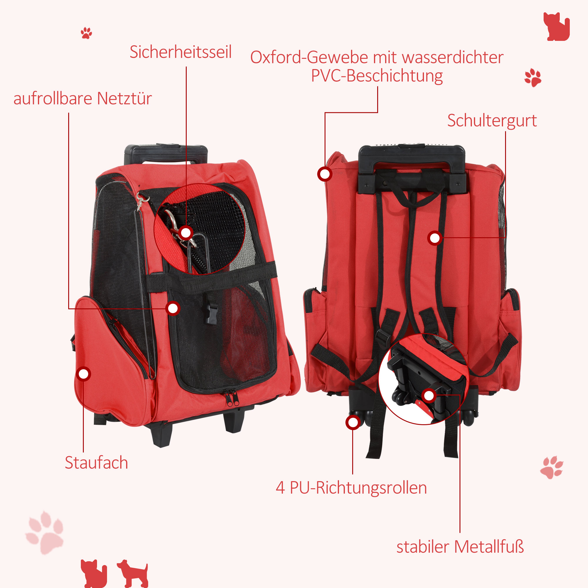 Hundetransporttasche, Haustierrucksack, 2-in-1-Design, ausziehbarer Griff, Seitentaschen, Rot, 42 x 25 x 55cm