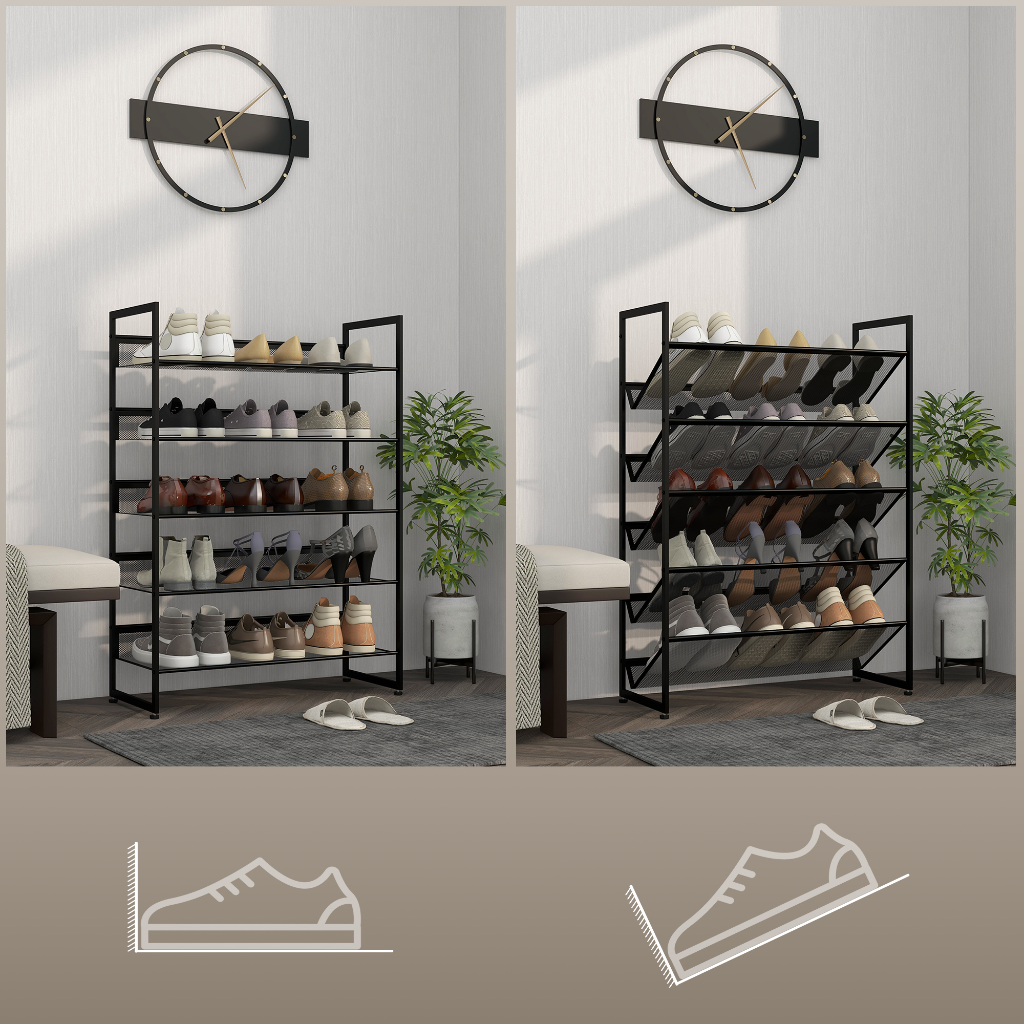 kleines Schuhregal Schuhablage Schuhständer hoch schmal, 5 Regale, 72 cm x 30 cm x 102 cm, Schwarz