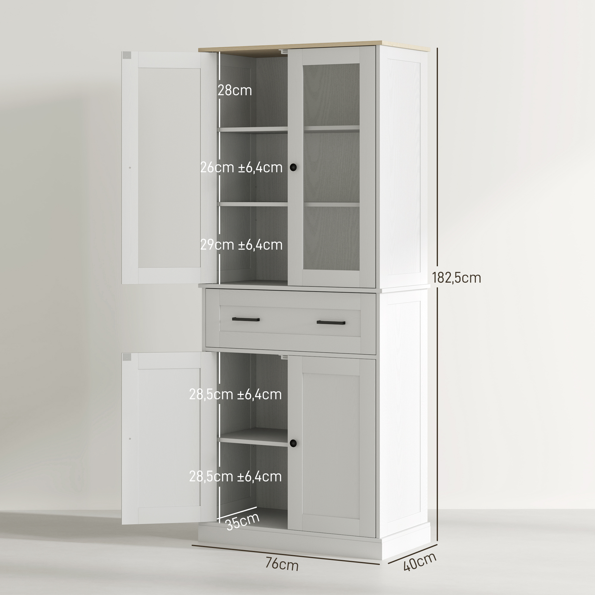 Küchenschrank, Buffet, Acrylfront, Schubladen, 76 x 40 x 182,5 cm, Cremeweiß