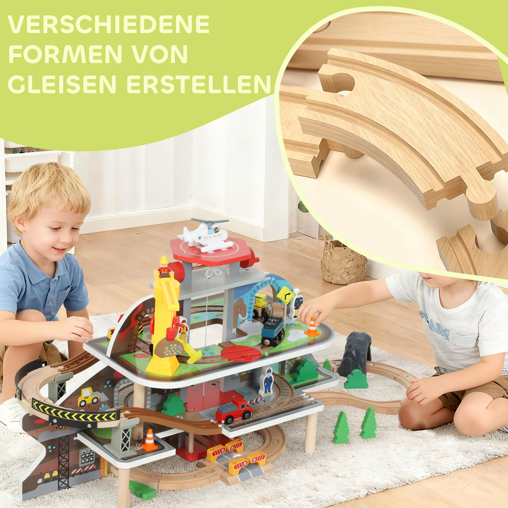 Eisenbahnset aus Holz, 79 Teile, 4 Ebenen, Aufzug, Kran, erweiterbar, Bunt
