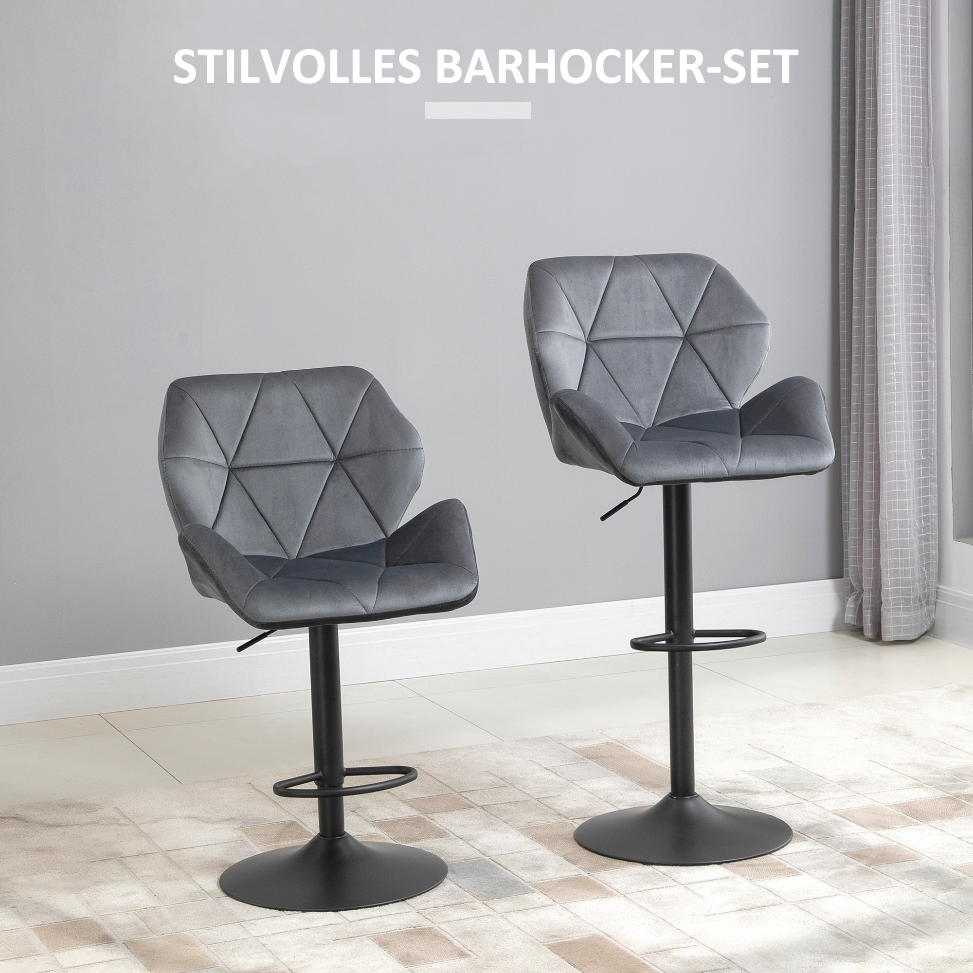 Barhocker 2er Set, Gepolstert Barstuhl mit Metallgestell, Lehne, Samtoptik, Höhenverstellbar 360° Drehbar