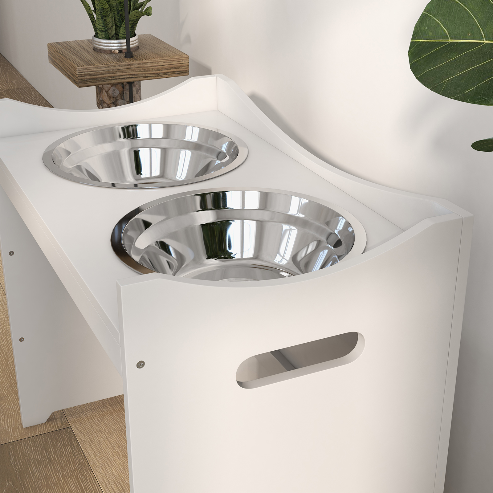 Futterstation für Hunde, 2 Edelstahlnäpfe, höhenverstellbar, 54x31,5x47cm, Weiß