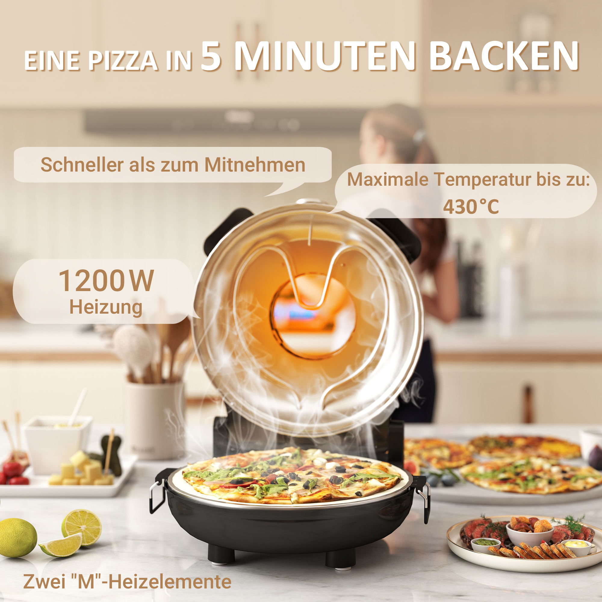Pizzaofen elektrisch 430 ℃, 1200 Watt Pizzabäcker mit 30cm Steinplatte Timer Sichtfenster Edelstahl Schwarz