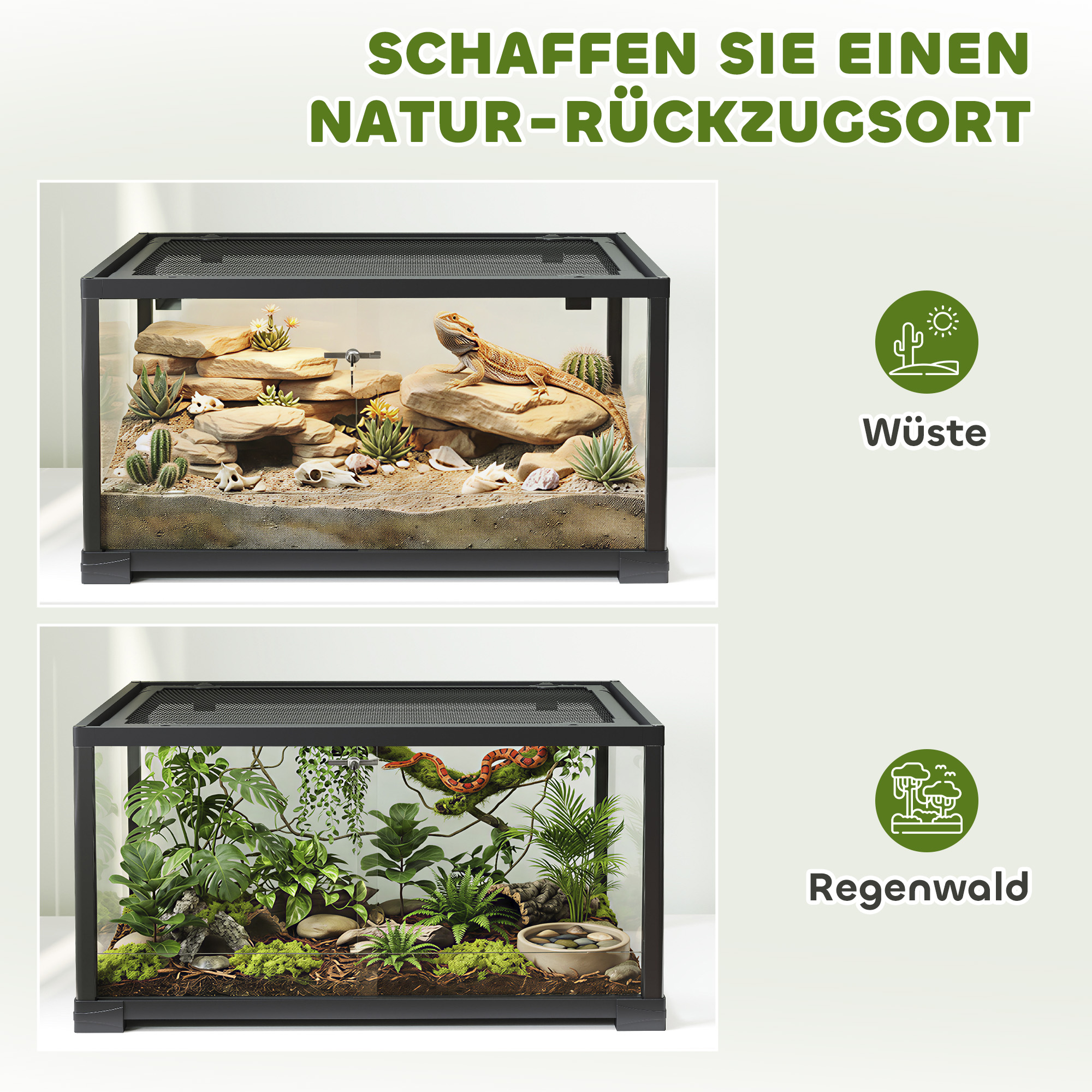 Reptilien-Terrarium, 86 Liter Vivarium mit Schiebetür, verschließbar, für Echsen, Insekten, Spinnen, Geckos, 60 x 45 x 32 cm, Schwarz