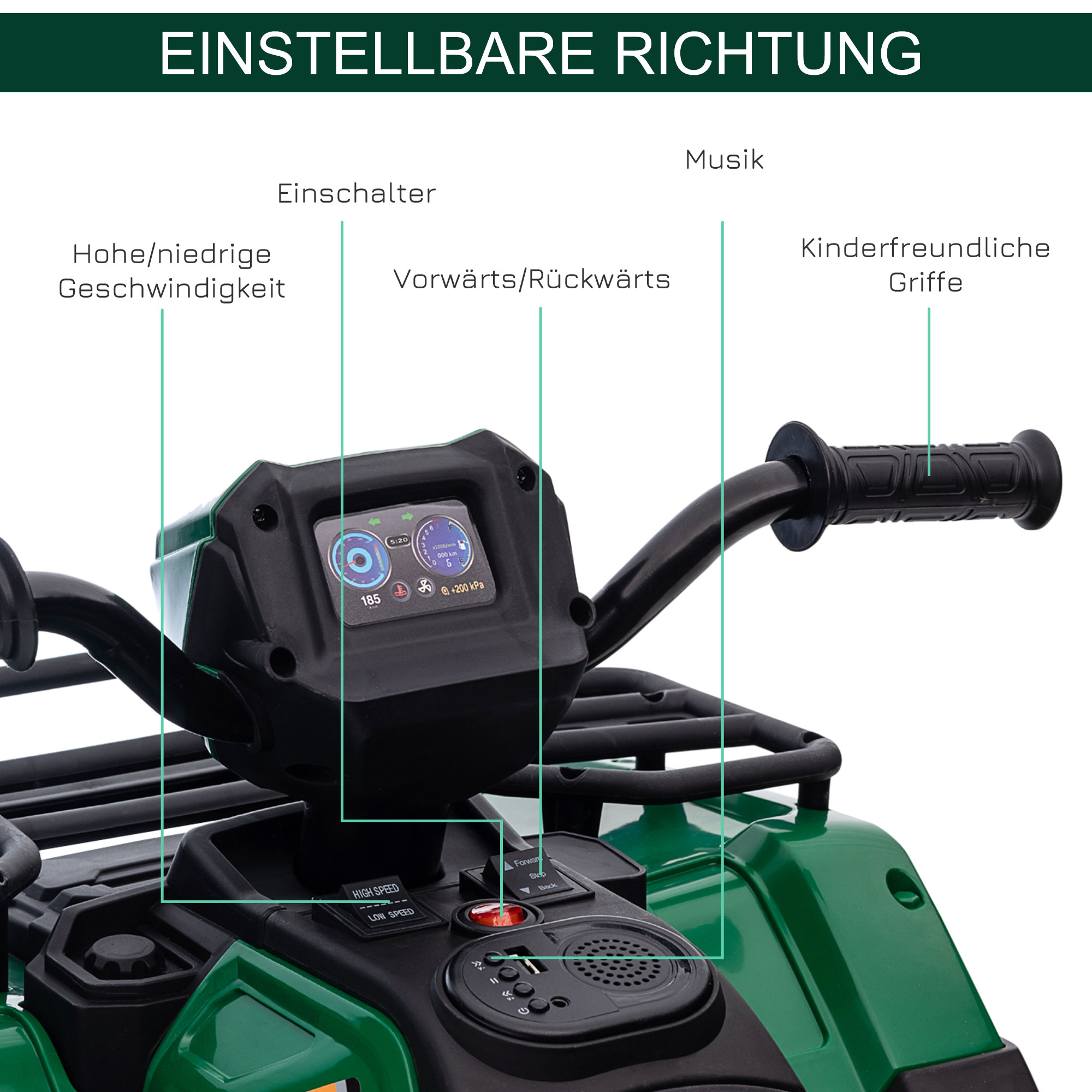 Kinderquad, max, 4 km/h, ab 3 Jahren, LED-Scheinwerfer, Musikanschluss, schwarz+grün 88 x 45 x 50 cm