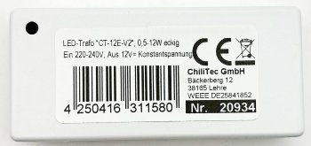 LED-Trafo "CT-12E-V2", 0,5-12W eckig, Ein 220-240V, Aus 12V= Konstantspannung
