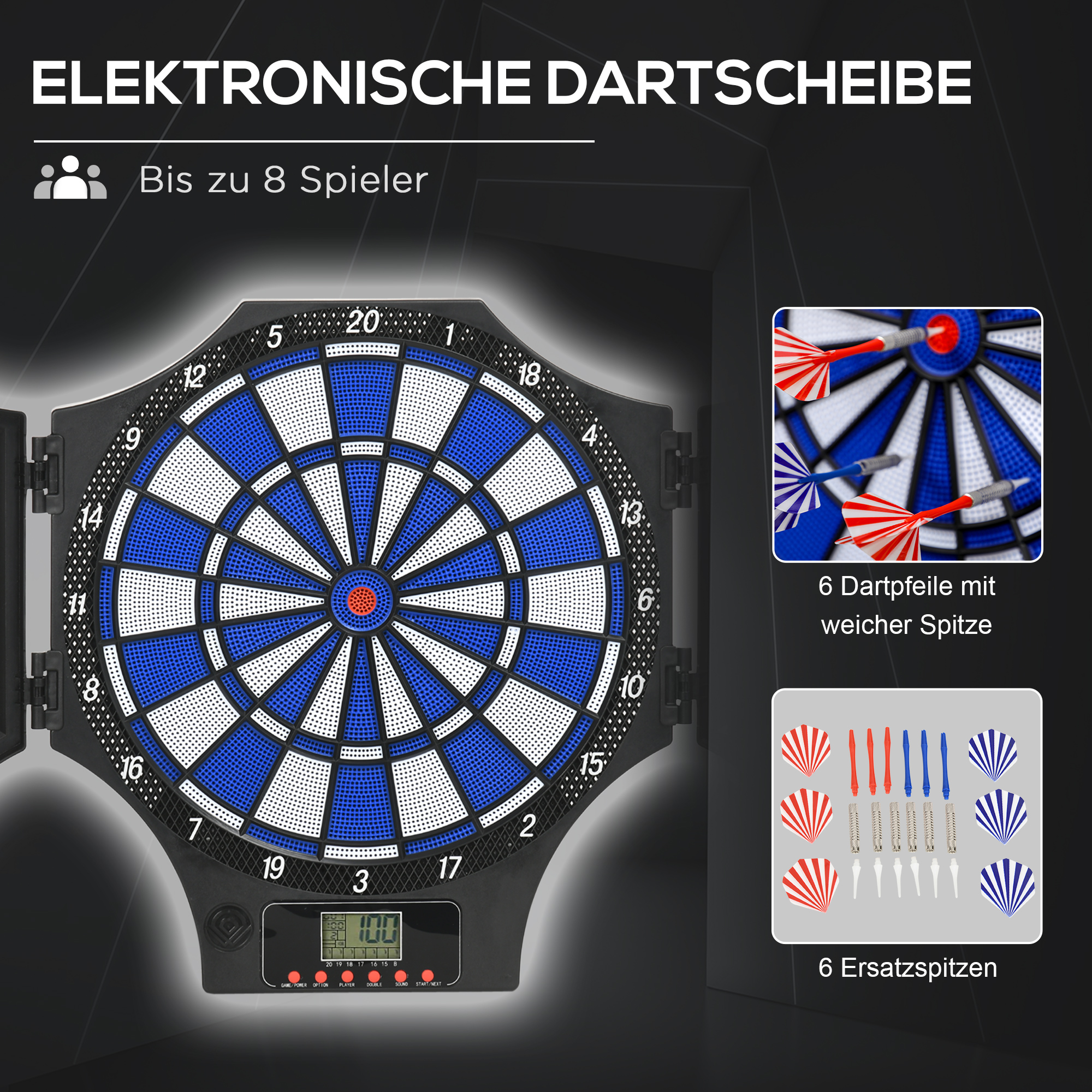 Dartscheibe, elektronisch, 31 Spiele und 285 Programme, für 8 Spieler, 2 Türen, 6 Pfeile, Sound, schwarz, 83 x 45 x 4 cm