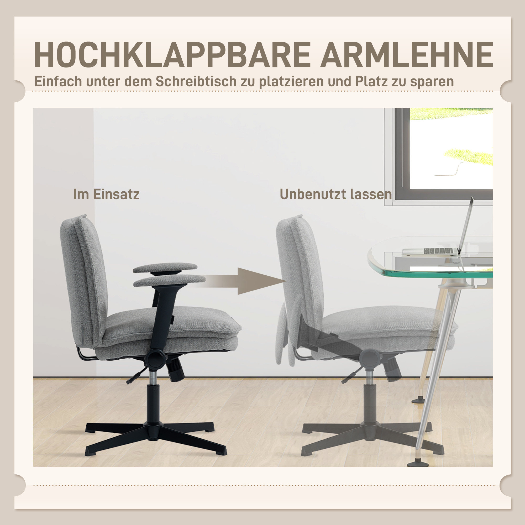 Bürostuhl mit hochklappbaren Armlehnen, breiter Schreibtischstuhl in Leinenoptik, höhenverstellbar, Stahlbasis, Grau