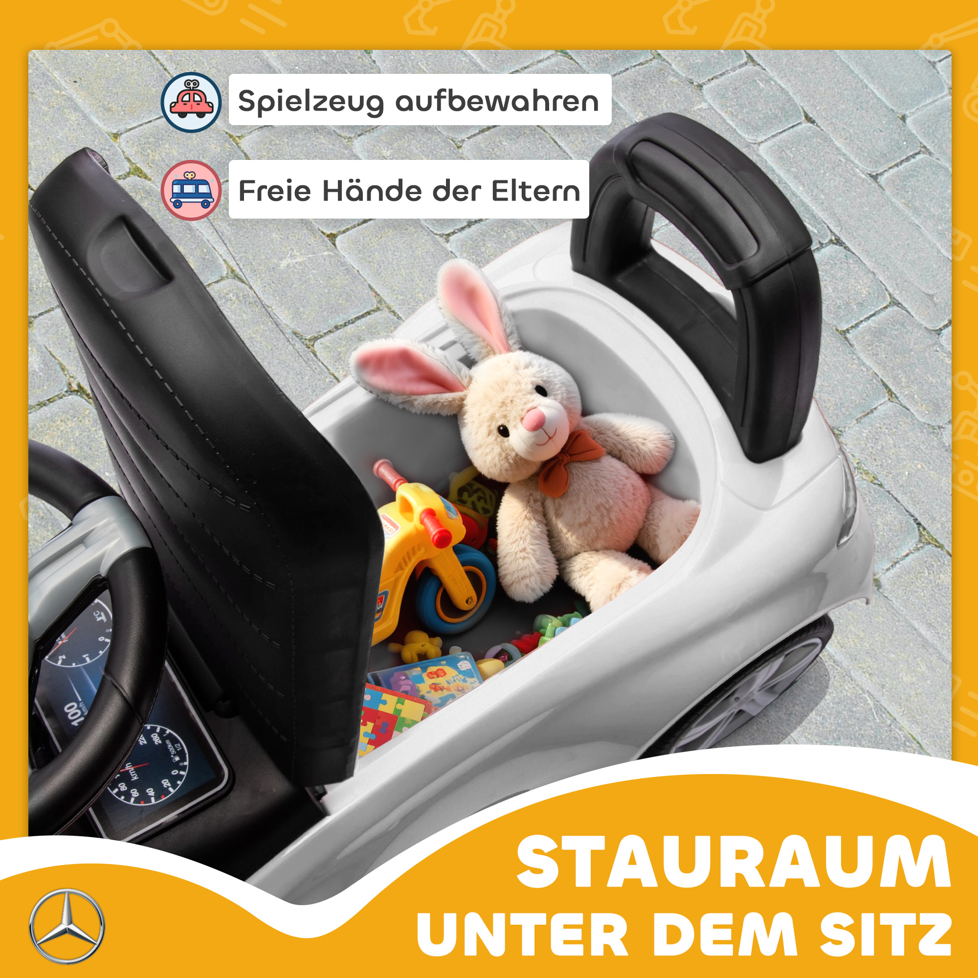 Rutscher Mercedes-Benz C-Class mit Hupe, Motorgeräuschen, Stauraum, für Kinder 18-36 Monate, Weiß