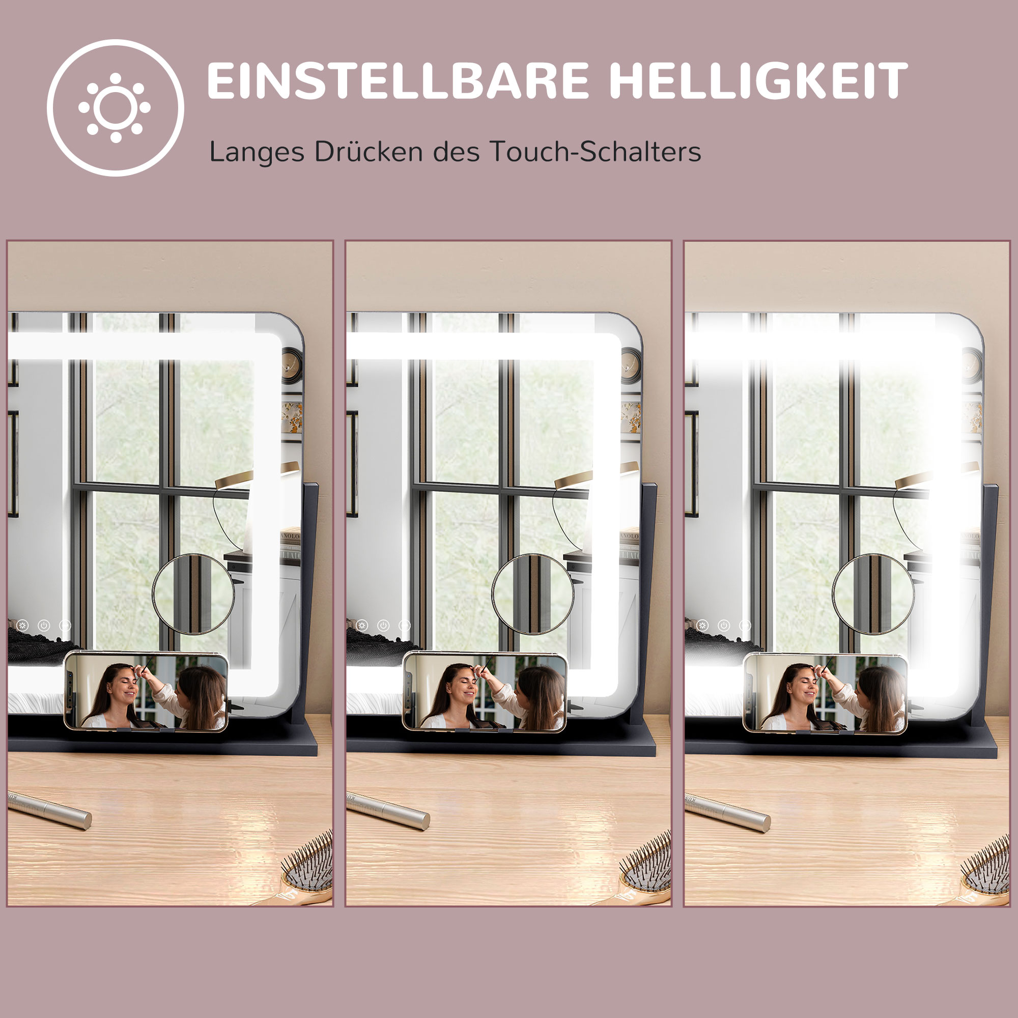 Schminkspiegel mit LED-Lampen, USB-Anschluss, 3 Modi, drehbar, Schwarz
