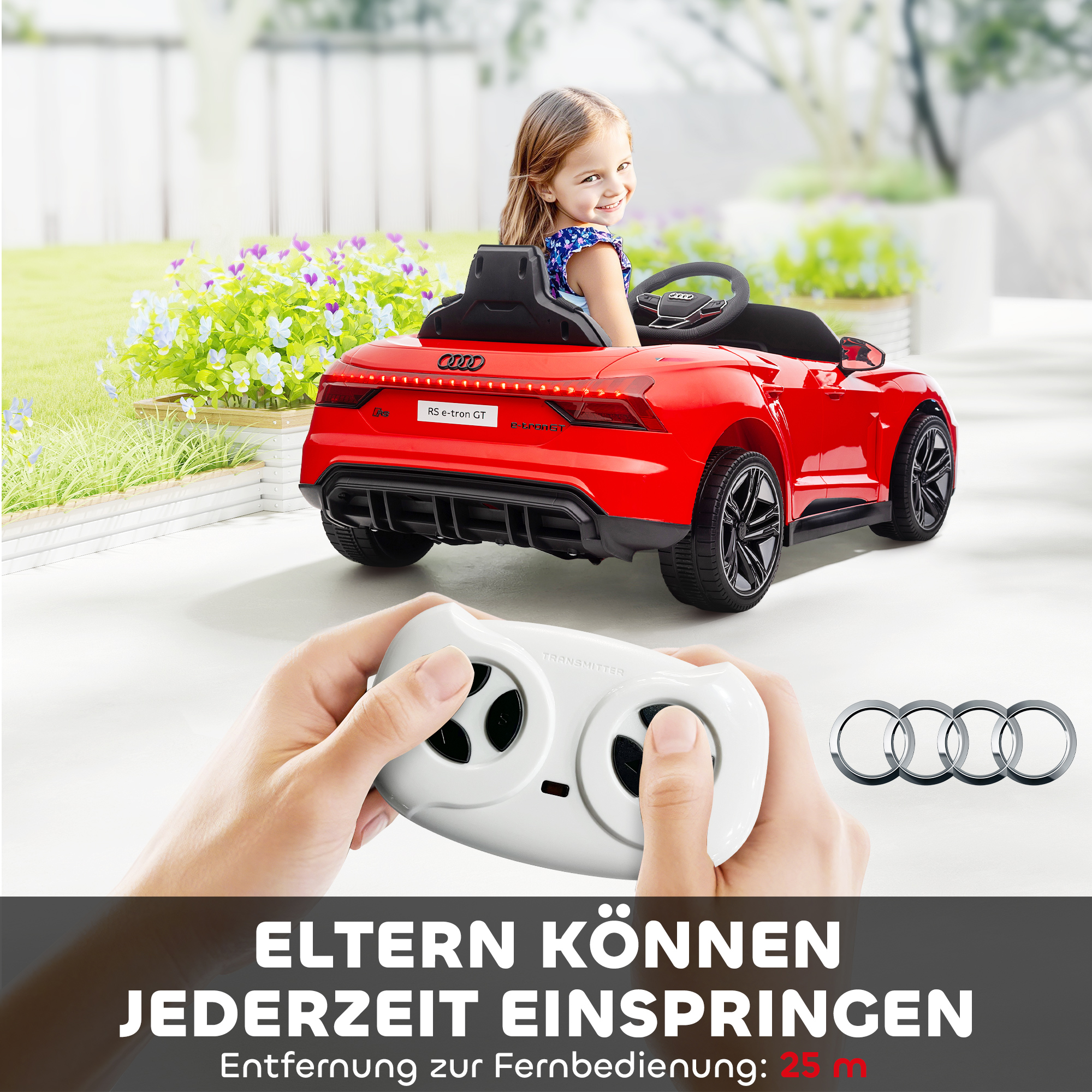 Kinderfahrzeug Audi lizenziert, mit Sicherheitsgurt, Fernbedienung, Licht, rot+schwarz, 103 x 58 x 41cm