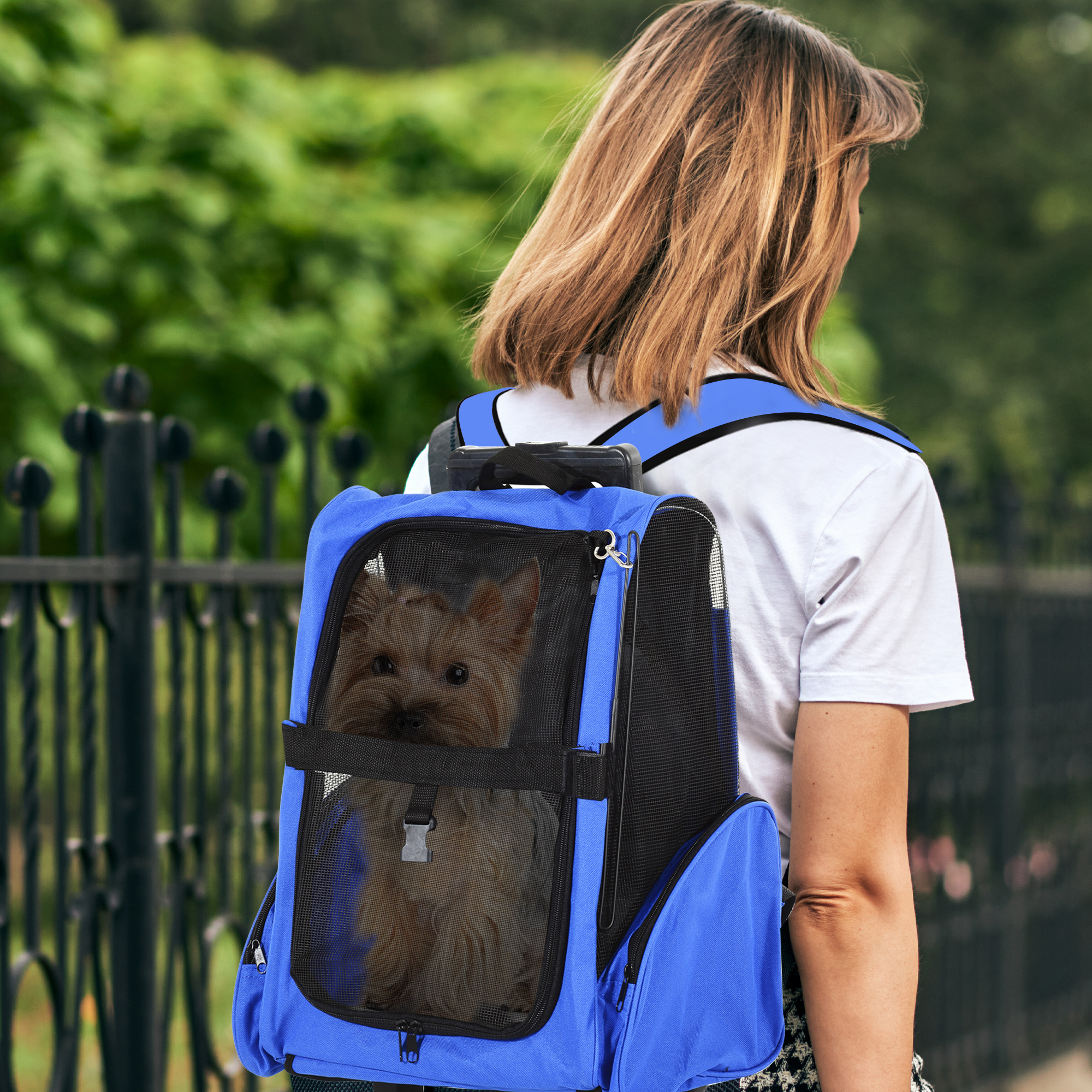 Hundetransporttasche, Haustierrucksack, 2-in-1-Design, ausziehbarer Griff, Seitentaschen, Blau, 42 x 25 x 55cm