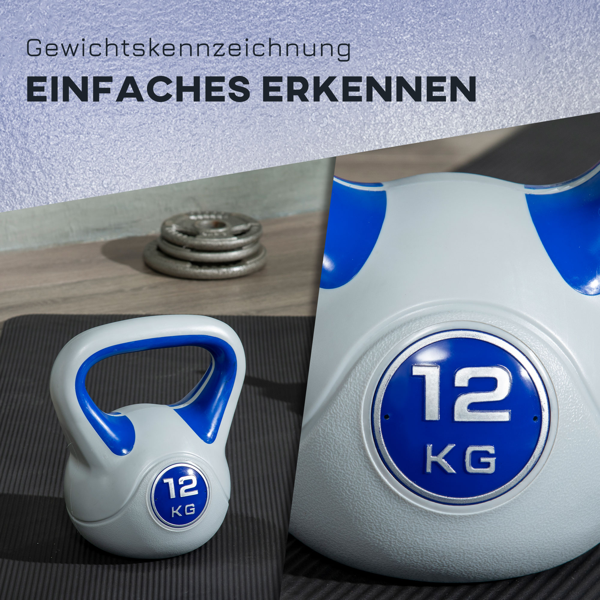 Kugelhantel, Kettlebell, 12 kg, flache Unterseite, großer Griff, Kunststoffmantel, blau, 24 x 17 x 28 cm