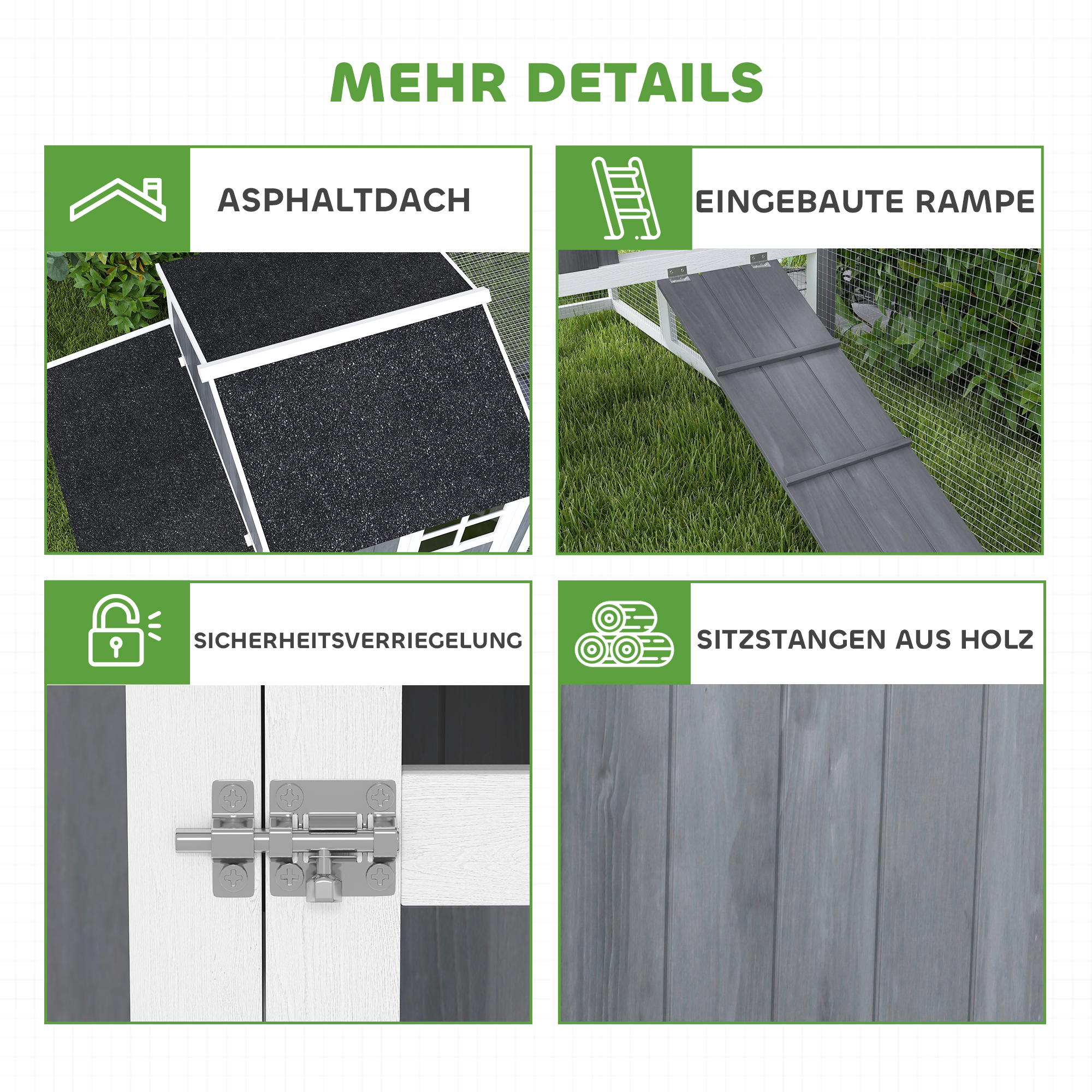 Hühnerstall mit Auslauf für 3-4 Hühner, 3-tlg, Nistkasten, 1,9 m² Fläche, Tannenholz, Grau