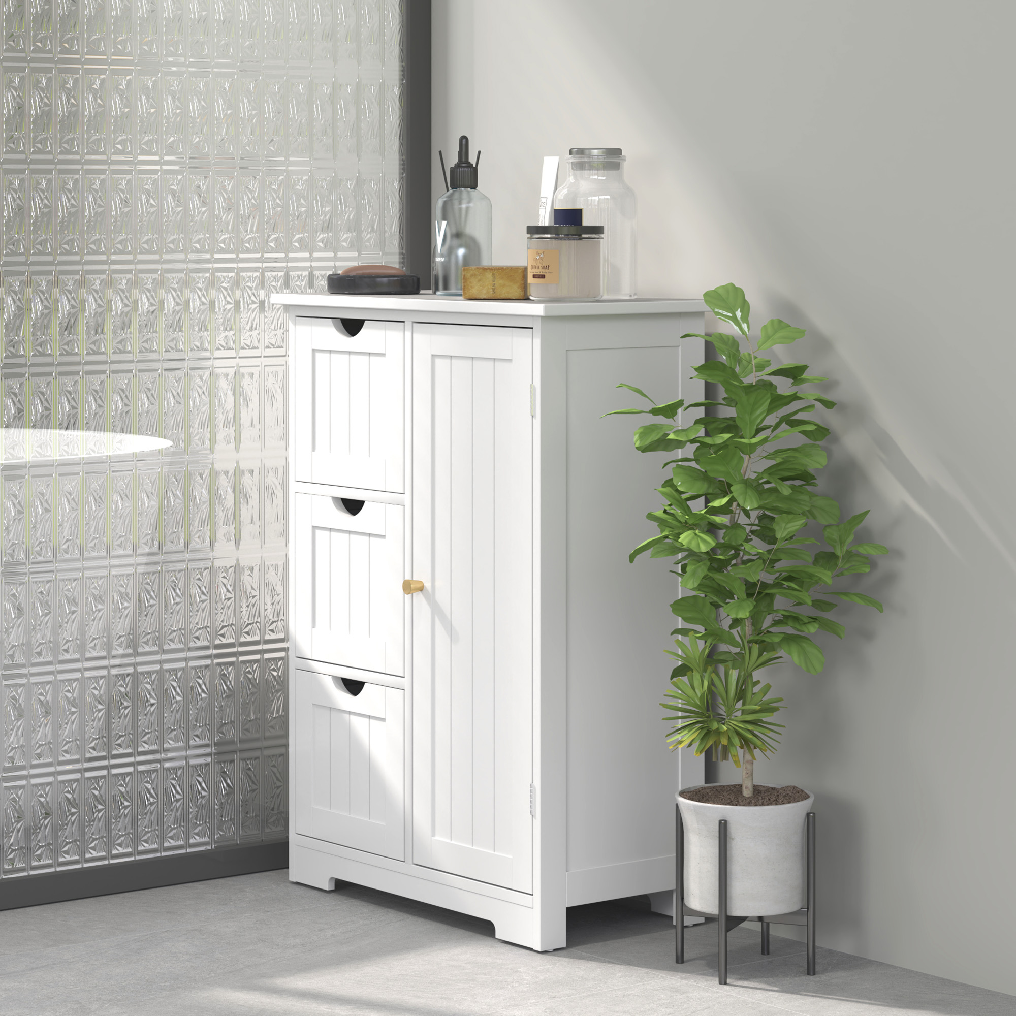 Badezimmerschrank, Badkommode, 3 Schubladen, Regal, MDF, Weiß