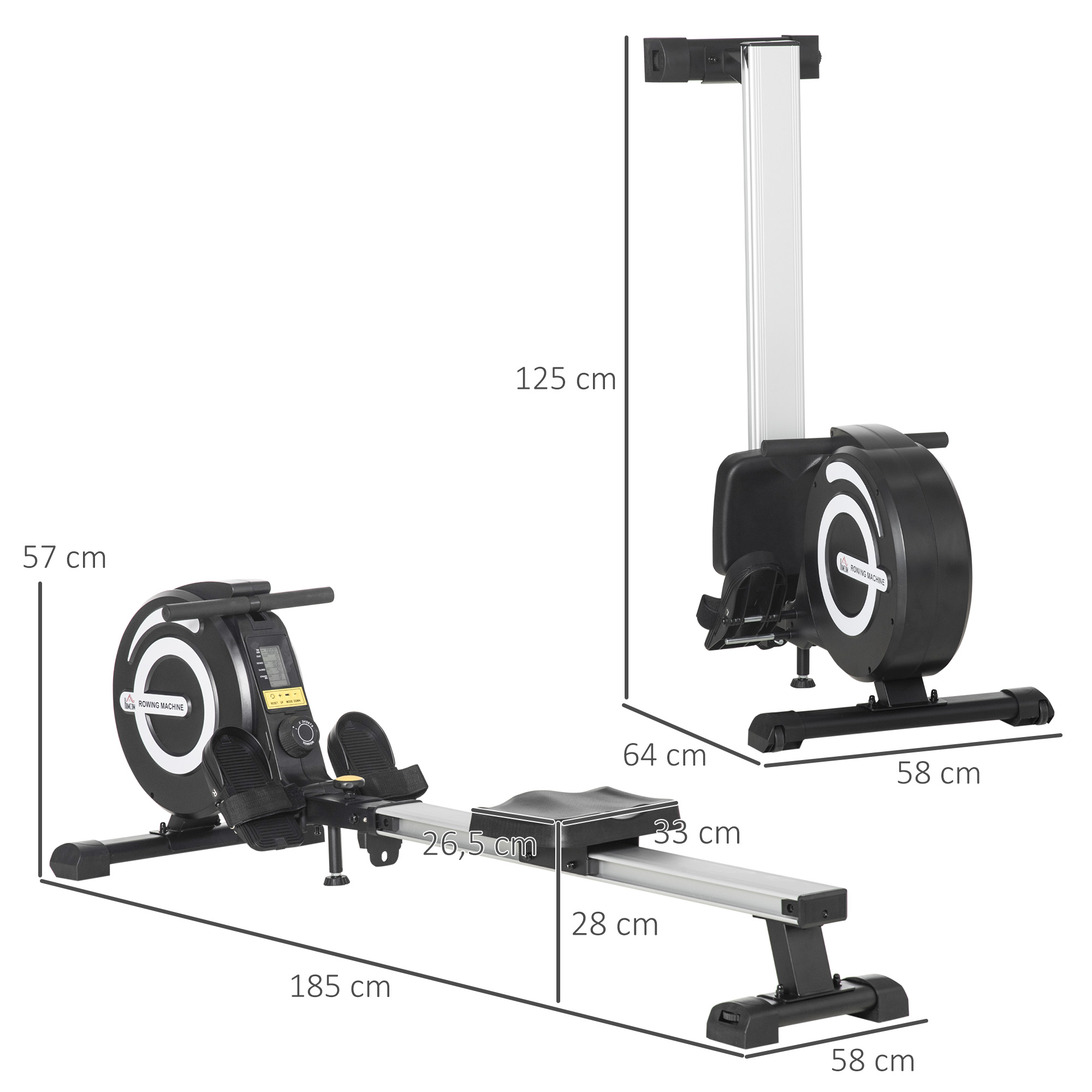 Rudergerät, klappbar, leiser Aluminiumrahmen, LCD-Monitor, 8 Stufen Widerstand, Schwarz/Silber