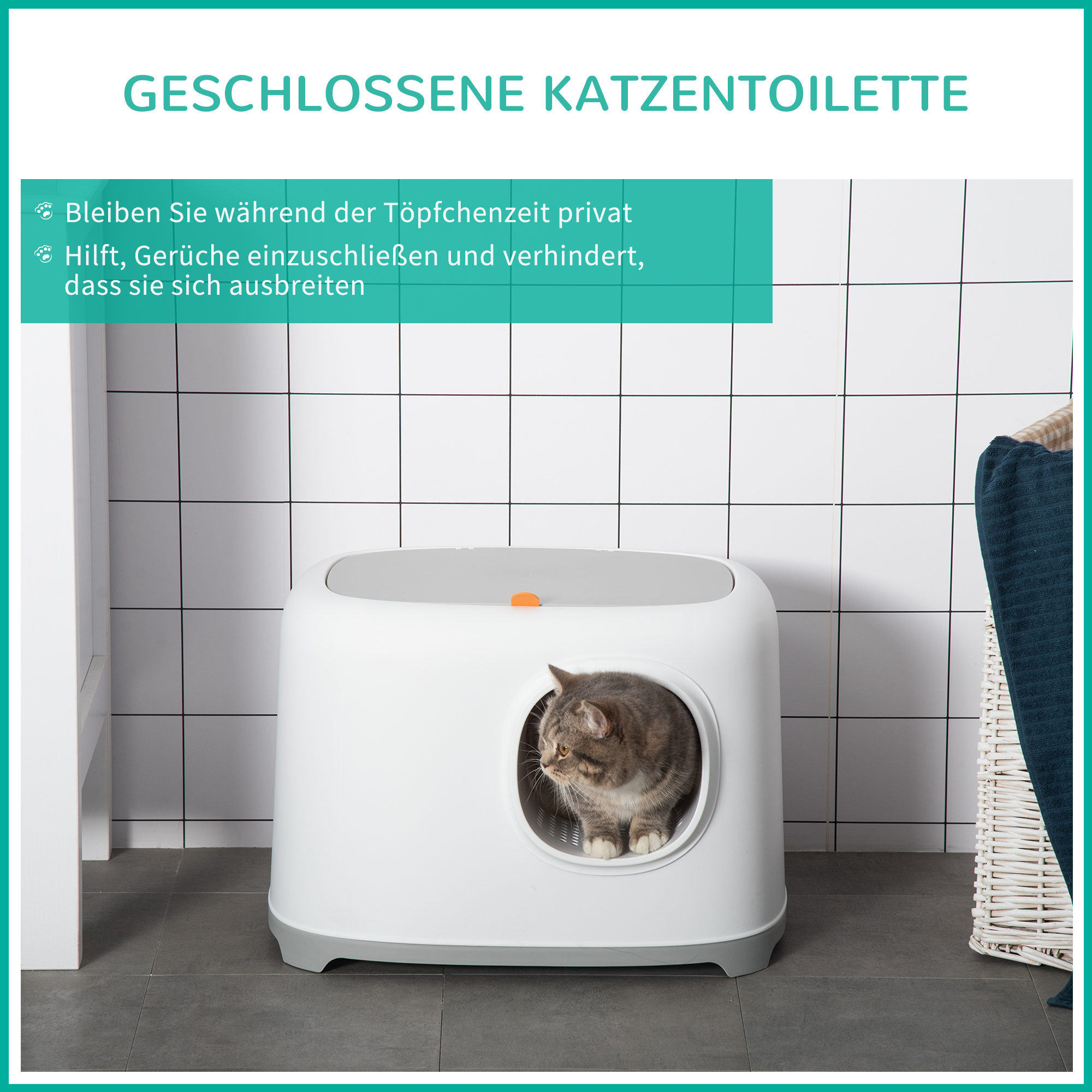 Katzenklo mit Deckel Katzentoilette mit Haube Schaufel Gitterboden XXL Katzentoilette für Katzen bis 5 kg 55 x 40 x 39 cm Weiß
