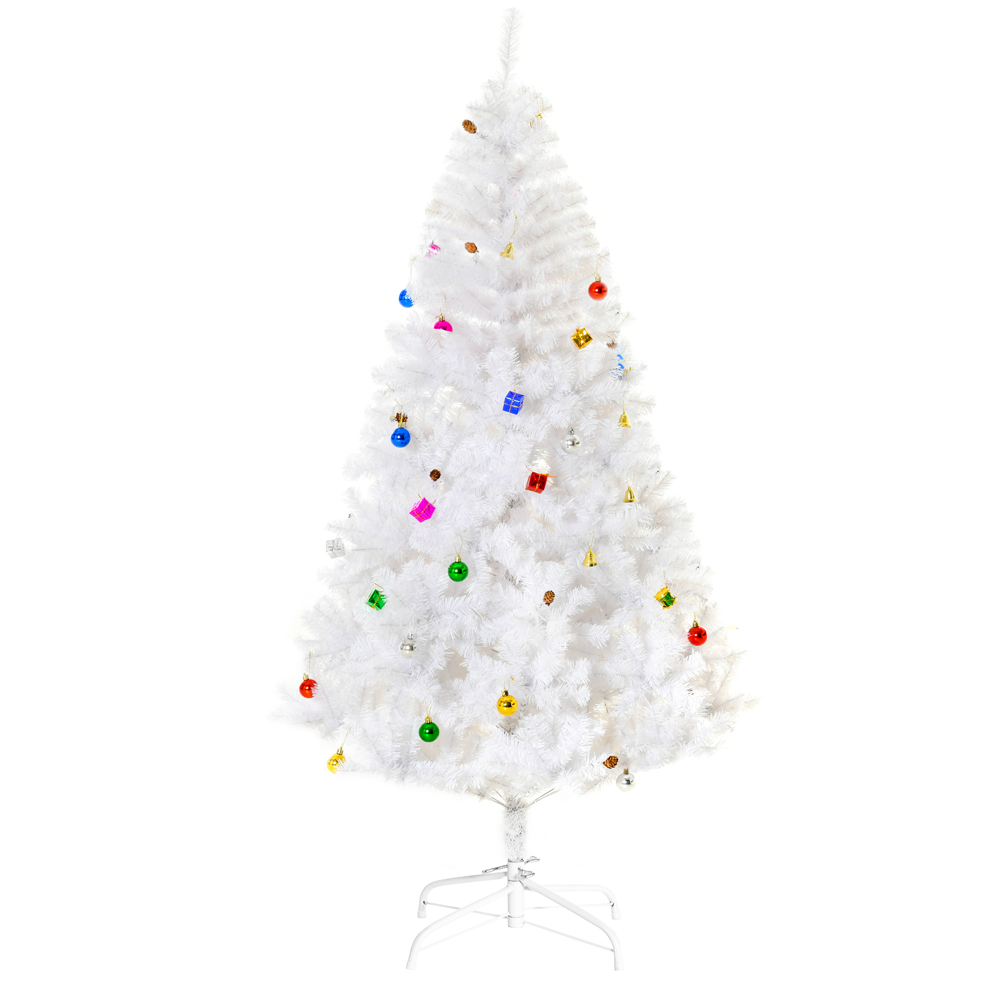 Weihnachtsbaum 180 cm künstlich Tannenbaum mit Kugeln, Glocken, Trommeln, Geschenkboxen, Christbaum mit 930 Spitzen, 12 Tannenzapfen Weihnachtsdeko inkl, Metallständer für drinnen