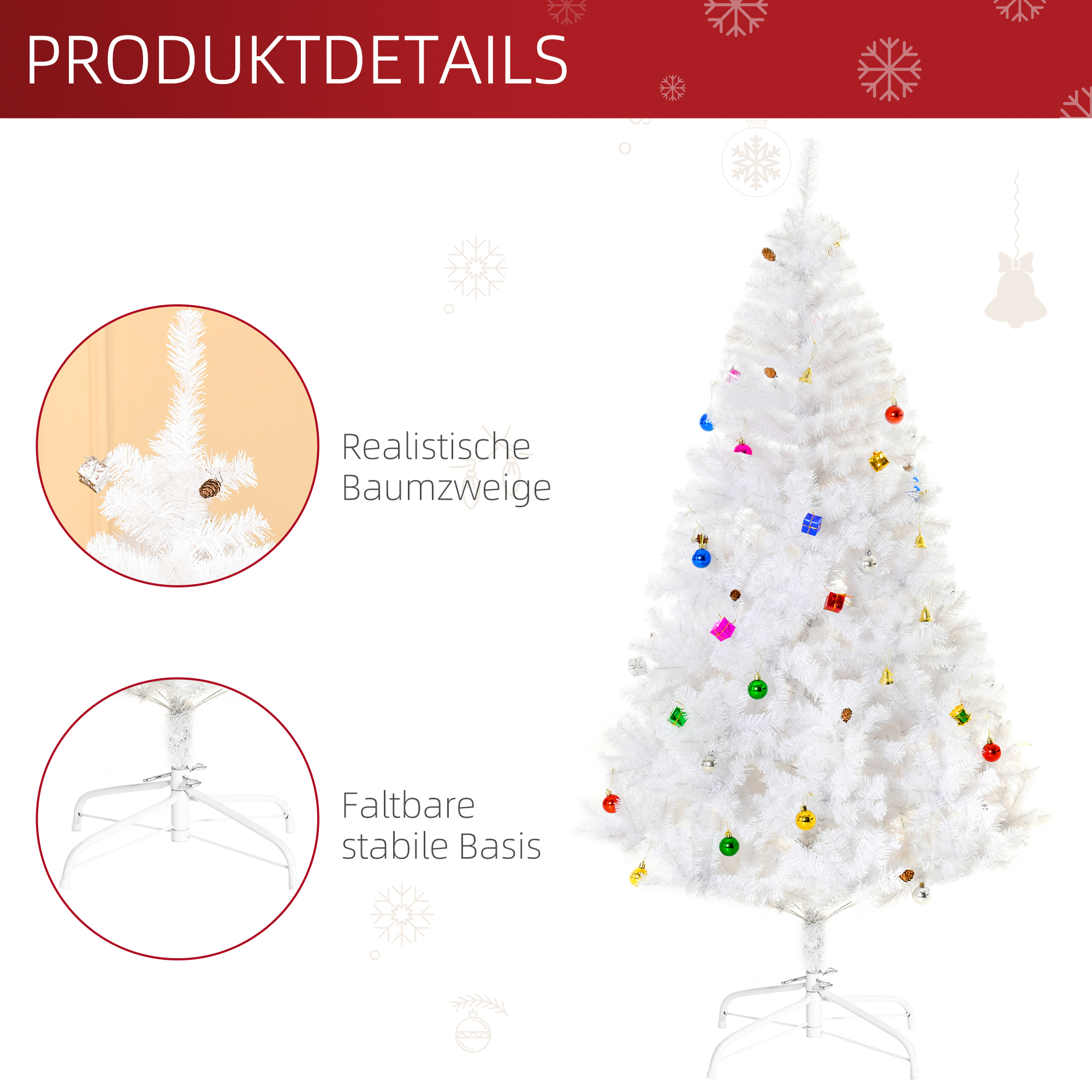 Weihnachtsbaum 180 cm künstlich Tannenbaum mit Kugeln, Glocken, Trommeln, Geschenkboxen, Christbaum mit 930 Spitzen, 12 Tannenzapfen Weihnachtsdeko inkl, Metallständer für drinnen