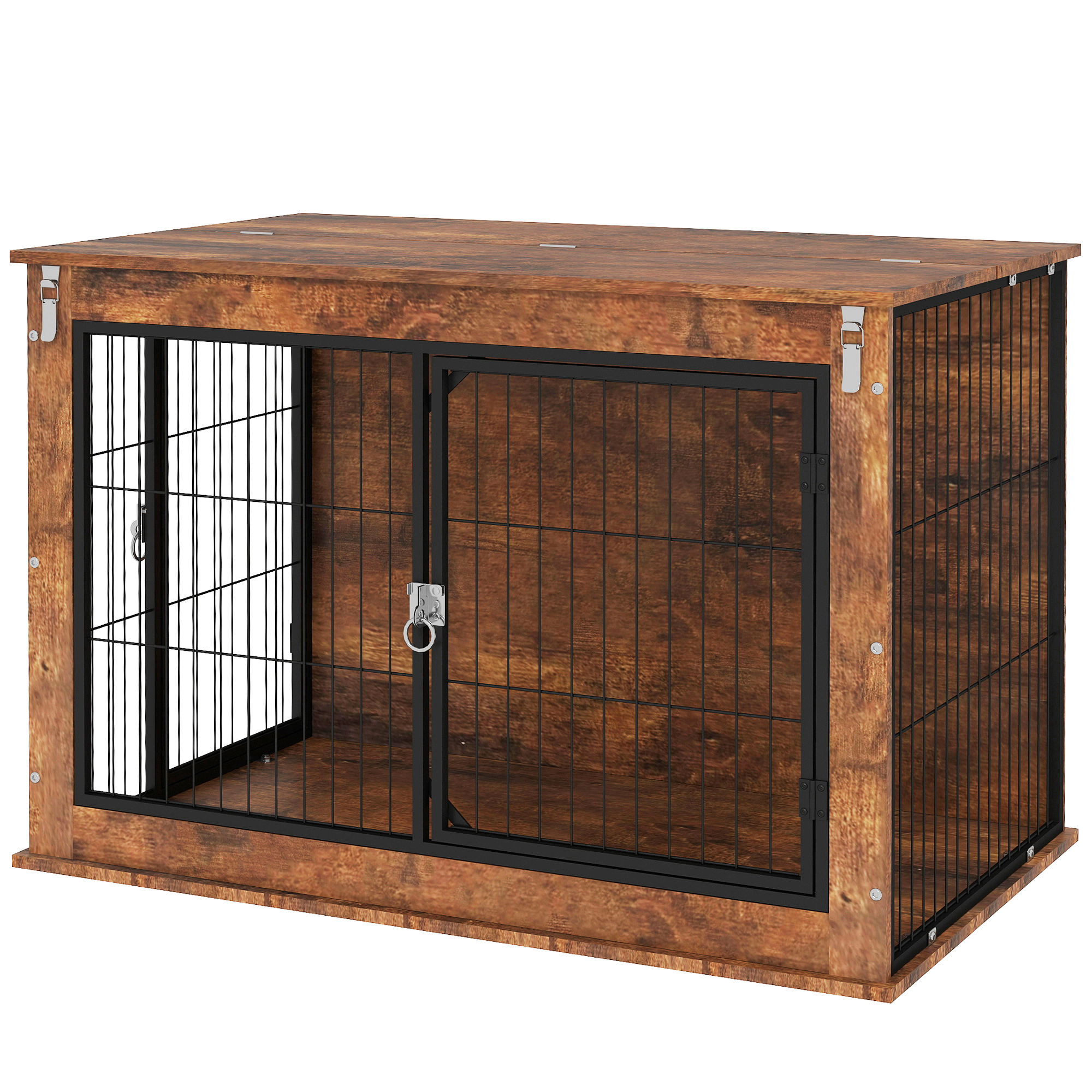 Hundebox, Transportbox für Hunde, Aufenthaltsbox, für Haustiere, 2 verschließbare Türen, 98 x 60 x 65,5 cm, Braun