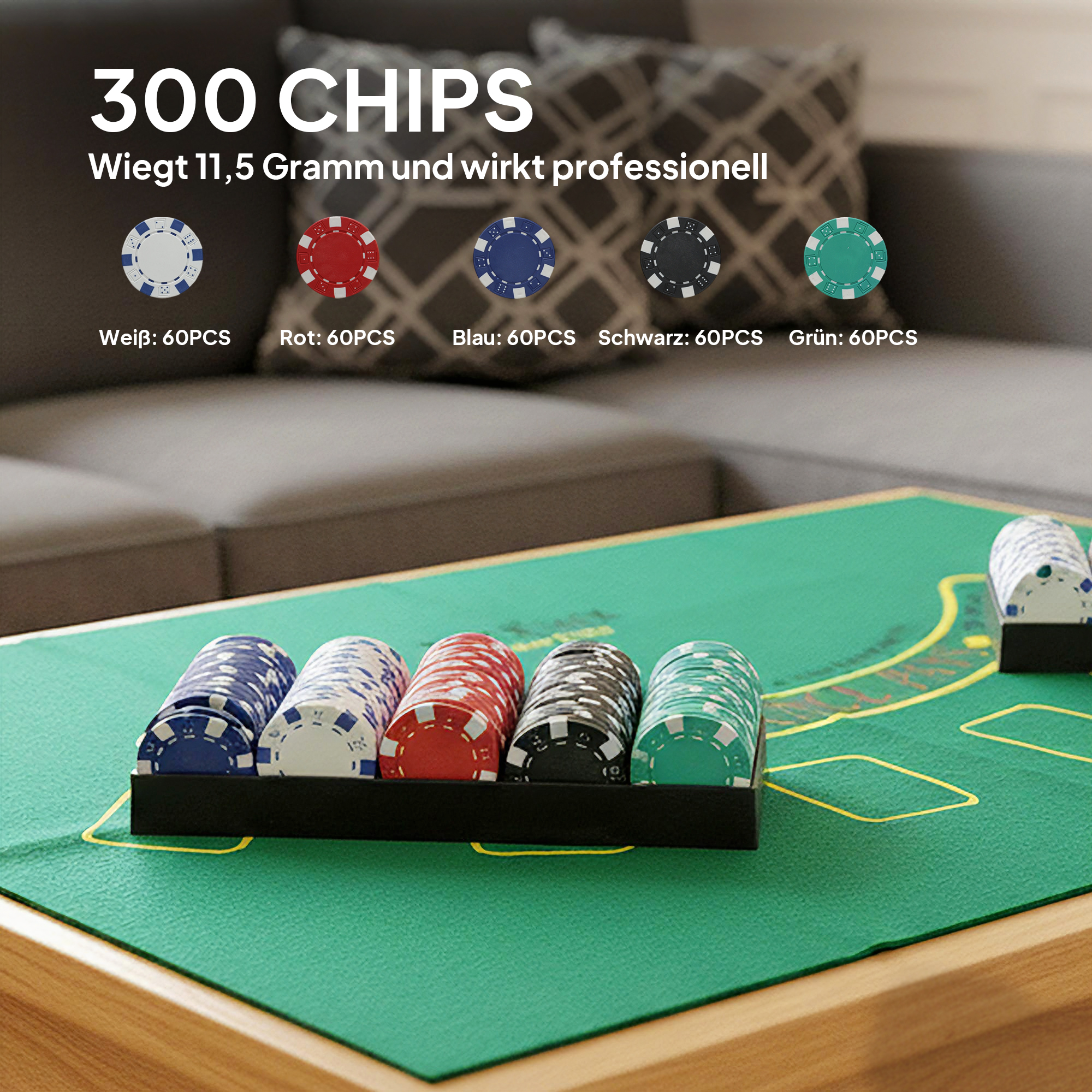 Poker-Set, 300 Chips, Würfel, 2 Kartendecks, Zubehör, Koffer, für 8 Spieler