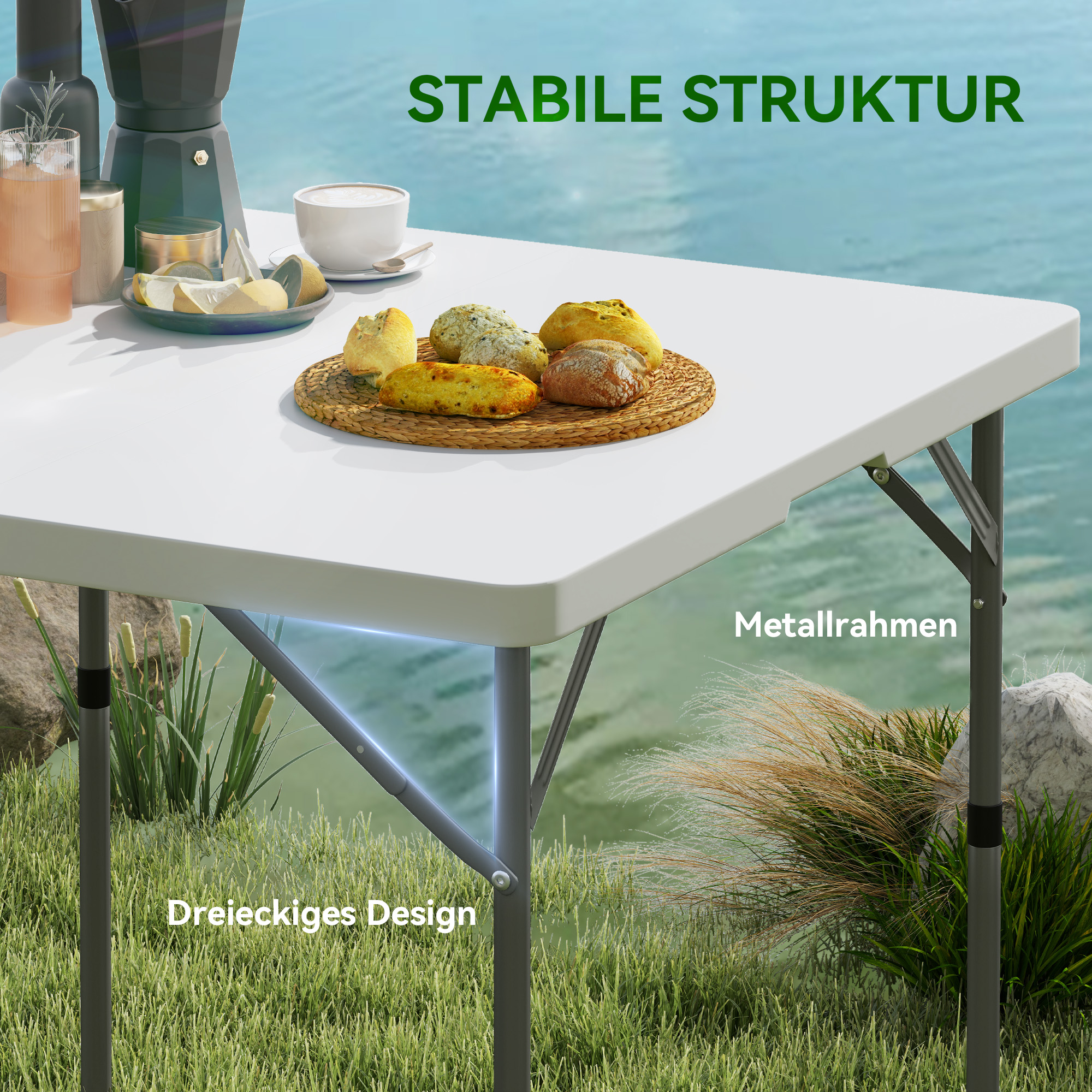 Picknicktisch, Klappbarer Campingtisch, in zwei Höhen einstellbar, für Gartenpartys, Camping, Kunststoff, Metall, Weiß