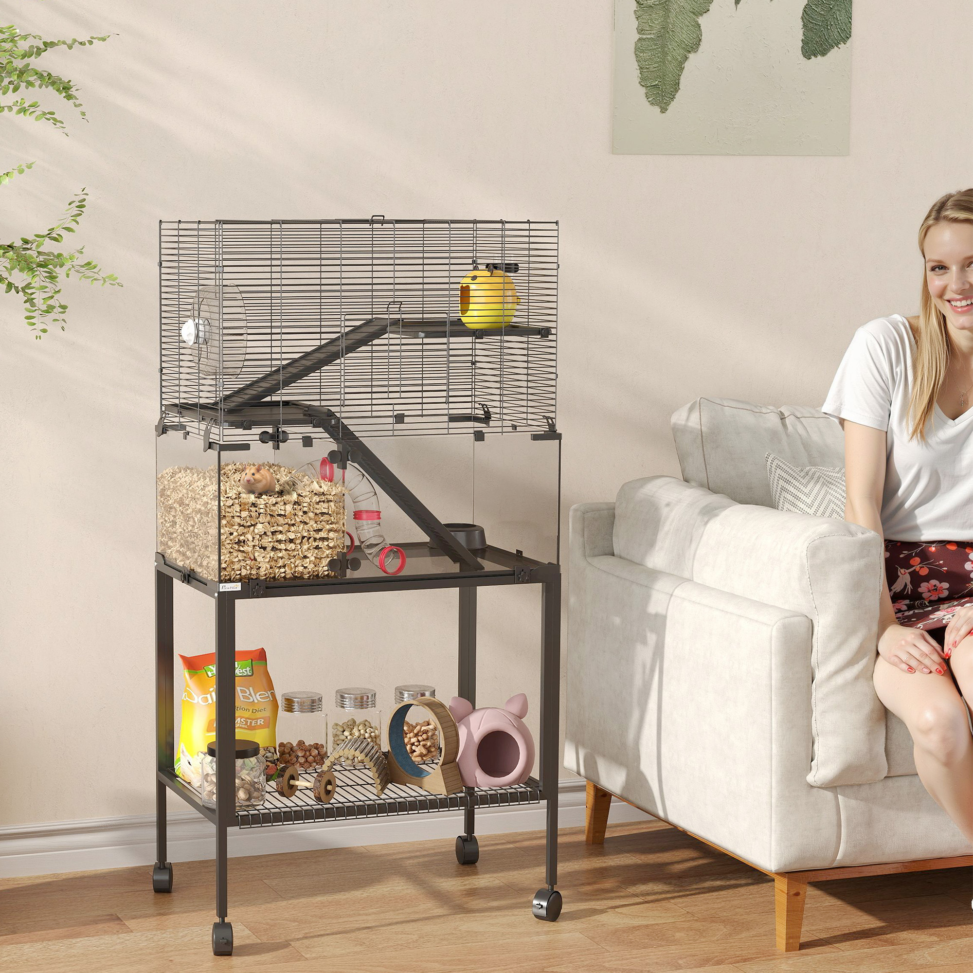 Hamsterkäfig, Kleintiergehege mit 3 Ebenen, Laufrad, Hütte, Plattformen, Rampen, Futterschale, Wasserflasche, Zubehör, Stahl, Kunststoff, Schwarz