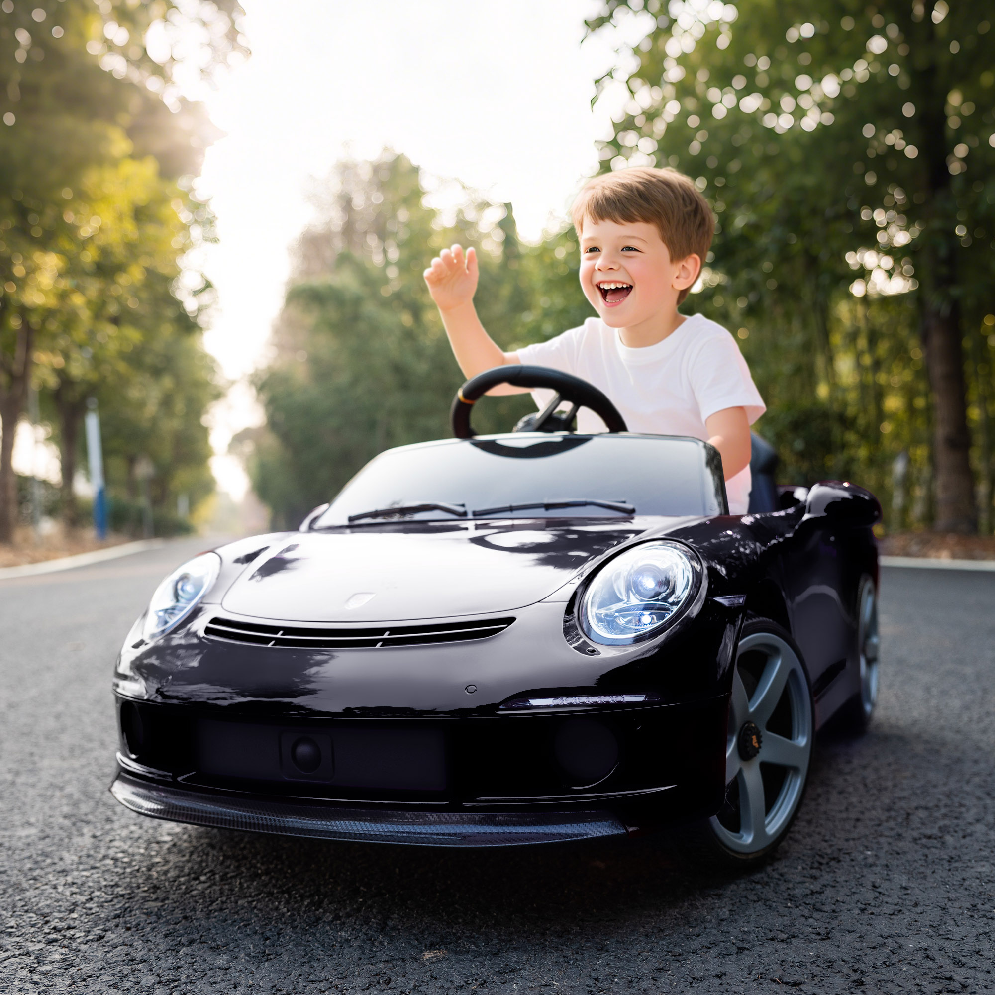 Elektrisches Aufsitzauto für Kinder, fernsteuerbar, Musik, Hupe, USB, Sicherheitsgurt, für 3-5 Jahre, Schwarz