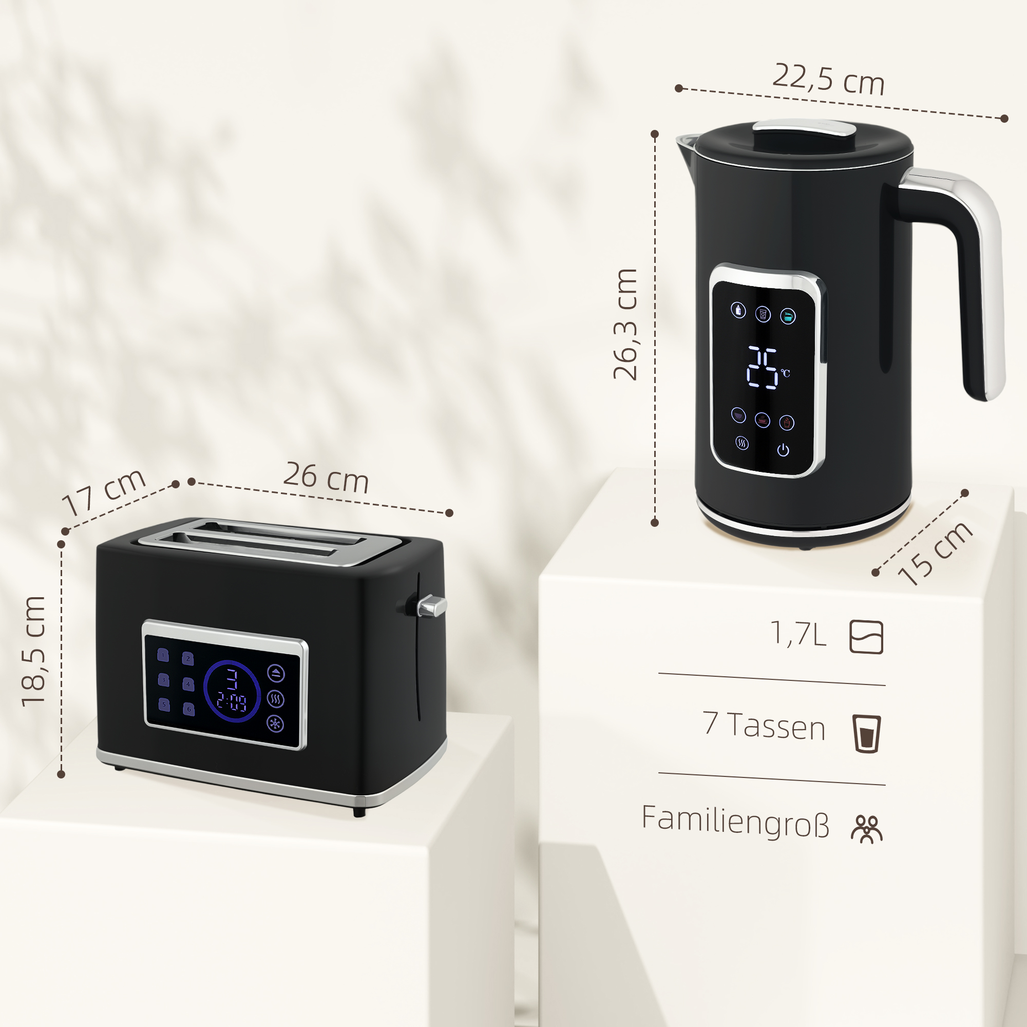 Wasserkocher und Toaster-Set mit LED-Touchscreen, 1,7 L, 2 Toasterschlitze, verschiedene Modi und Funktionen, Schwarz
