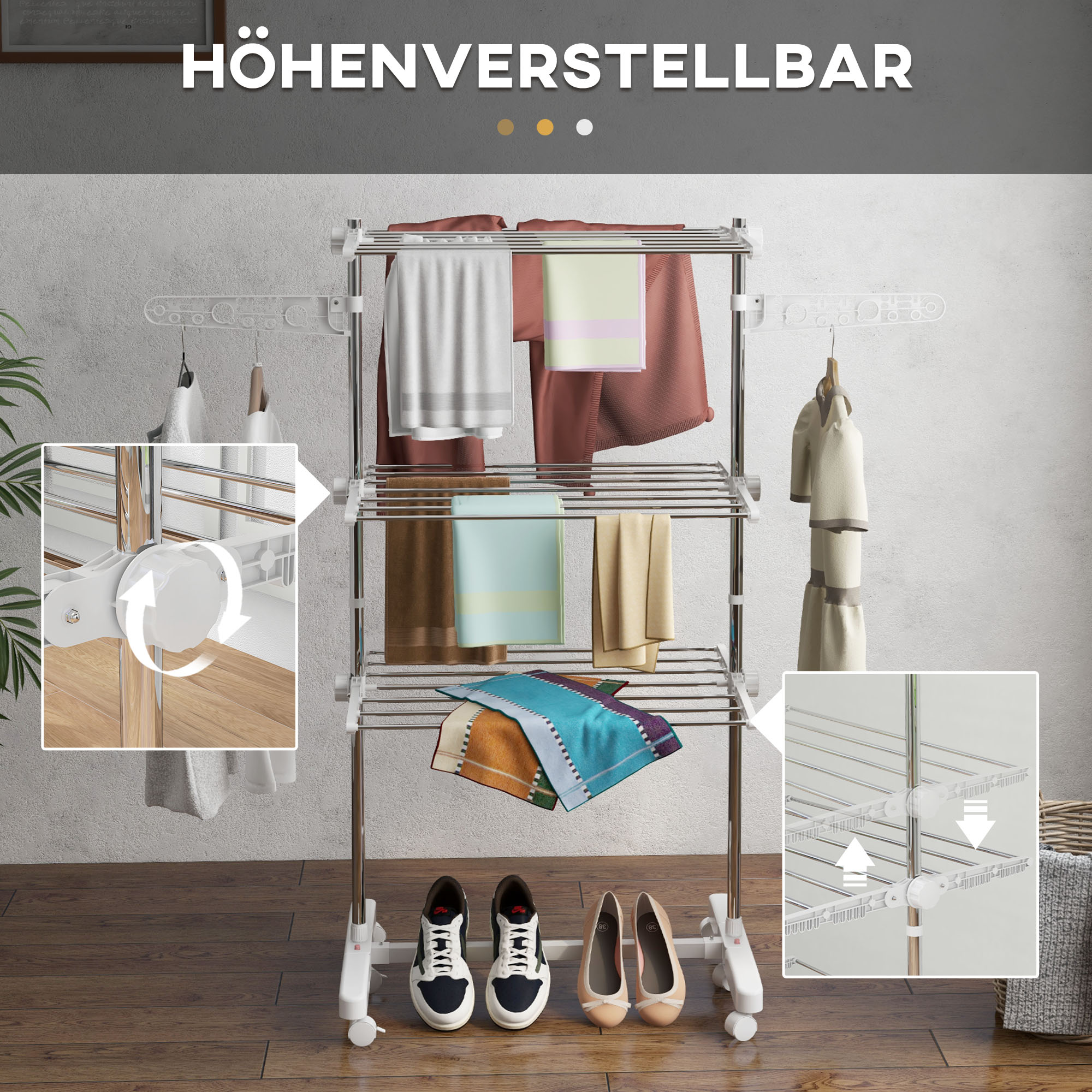 Mobiler Wäscheständer, Wäschetrockner, 3 Ebenen, klappbar, Silber + Weiß