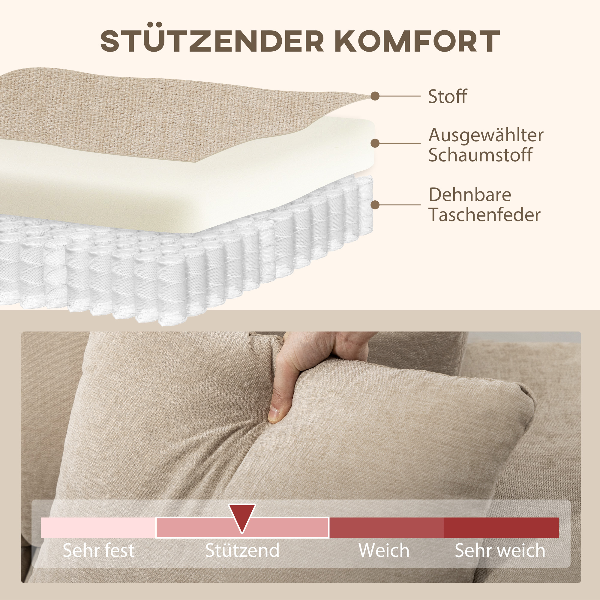 L-förmiges Ecksofa mit flexibler Chaiselongue, 3-Sitzer-Couch mit 2 Kissen, Metallrahmen, für Wohnzimmer, Beige