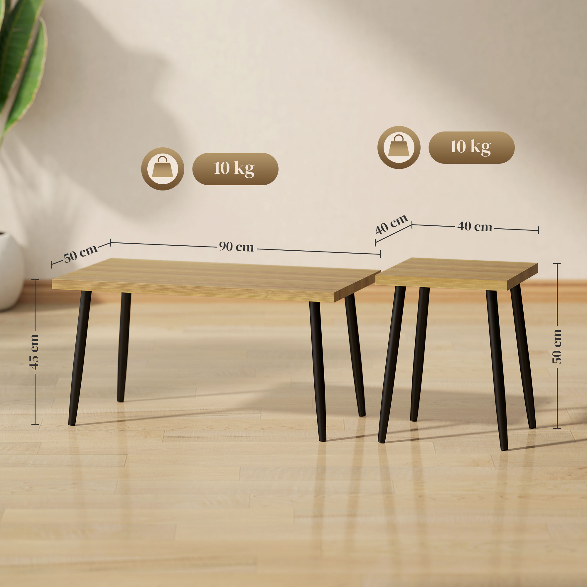 2er-Set Kaffeetische, Großer und kleiner Tisch mit Metallrahmen und Holzplatte, Flexible Couchtische, Naturholz